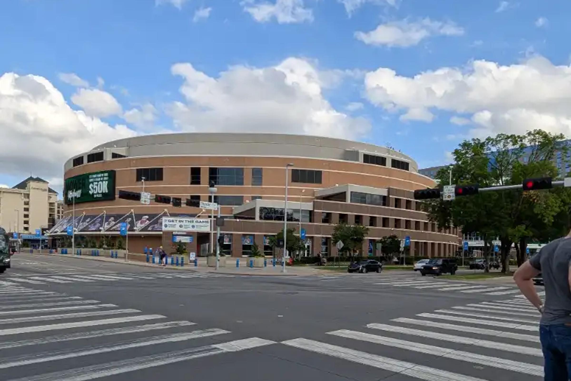 Approaching the Paycom Center in Oklahoma City on a sunny afternoon.