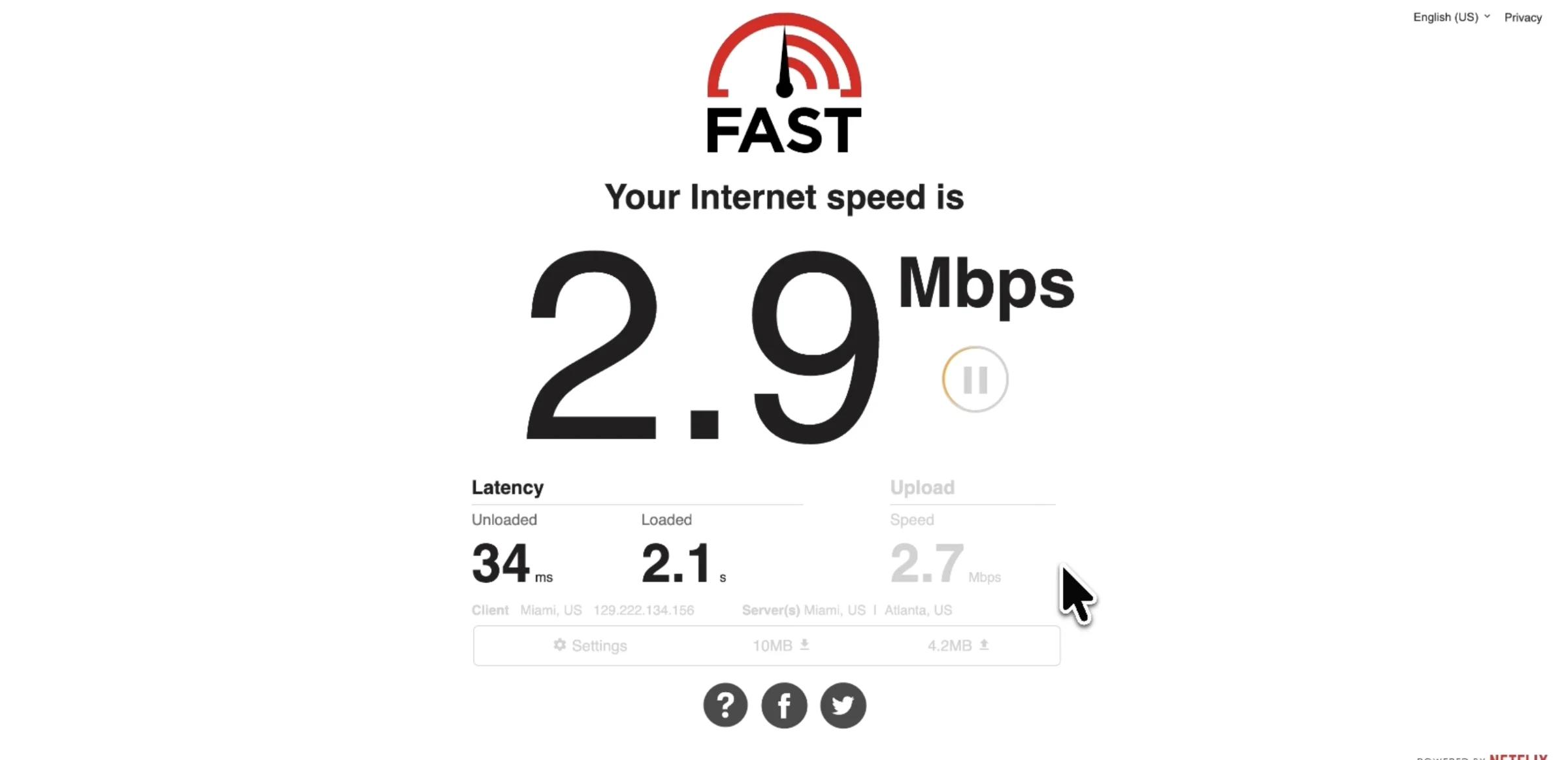 Wi-Fi speed test on the Celebrity Silhouette showing 2.9 Mbps download.