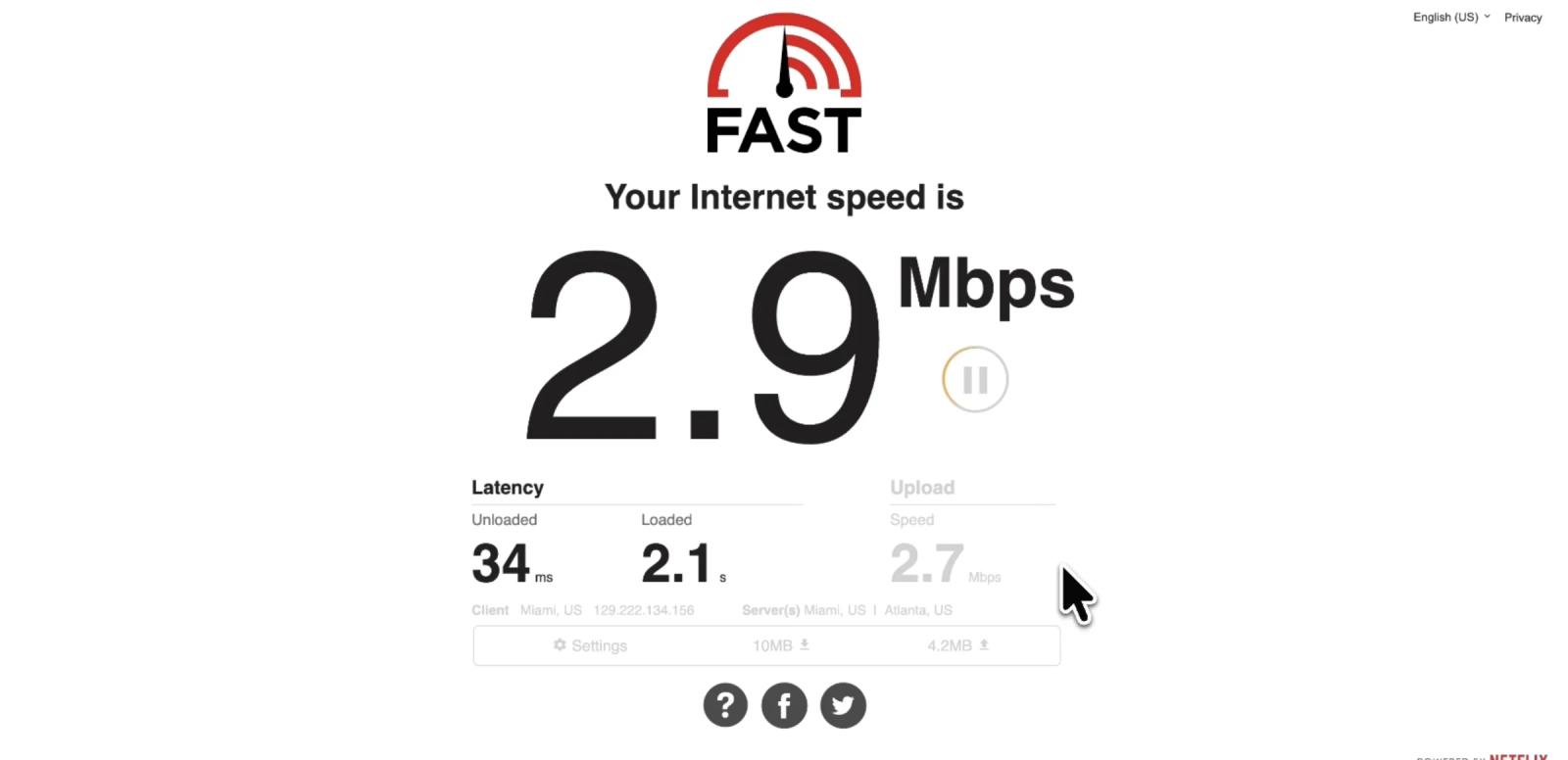 Wi-Fi speed test on the Celebrity Silhouette showing 2.9 Mbps download.