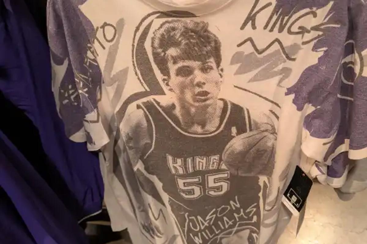 Vintage Jason Williams Sacramento Kings shirt on a hanger at the Golden 1 Center team store.