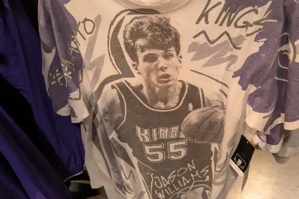 Vintage Jason Williams Sacramento Kings shirt on a hanger at the Golden 1 Center team store.