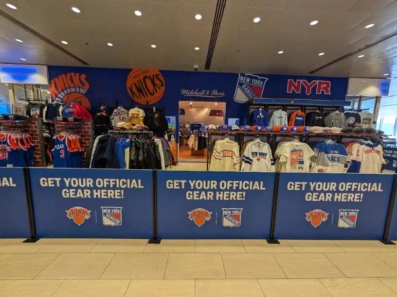 Official Knicks and Rangers gear shop inside Madison Square Garden in New York City.