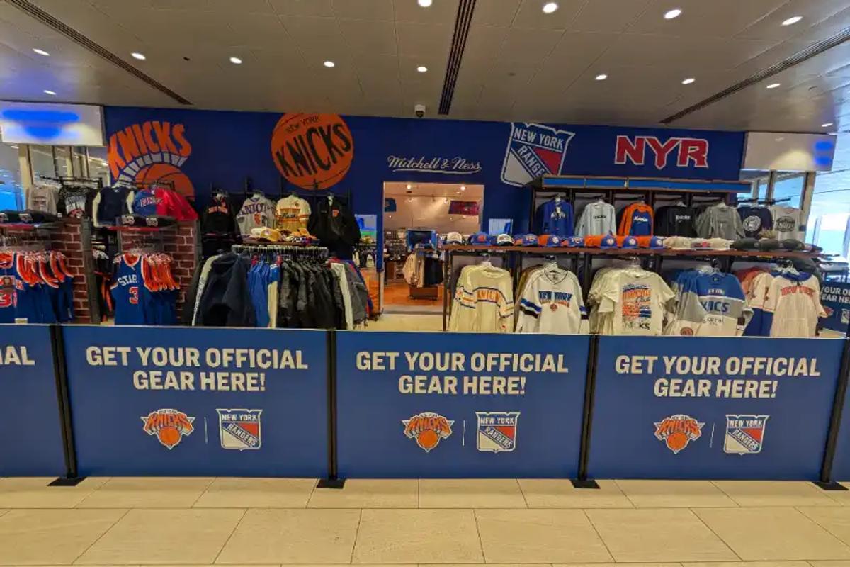 Official Knicks and Rangers gear shop inside Madison Square Garden in New York City.
