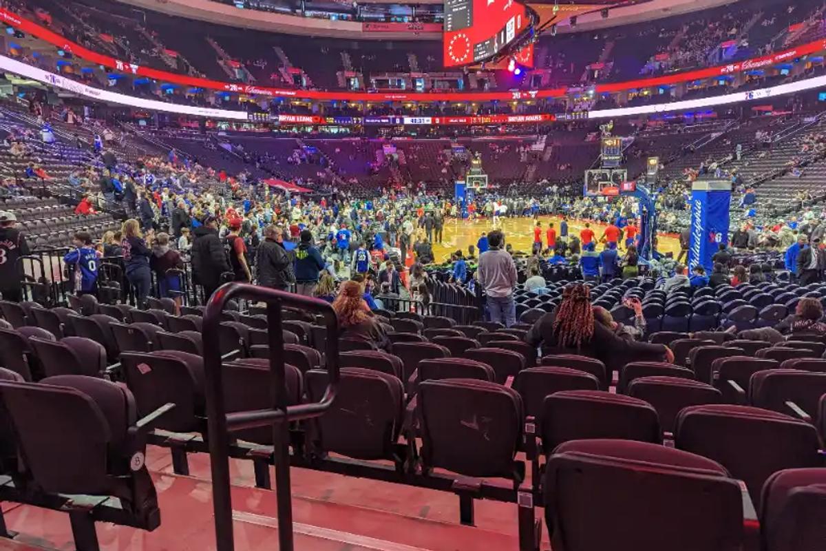 Looking out over the court from the lower bowl at Wells Fargo Center in Philadelphia.