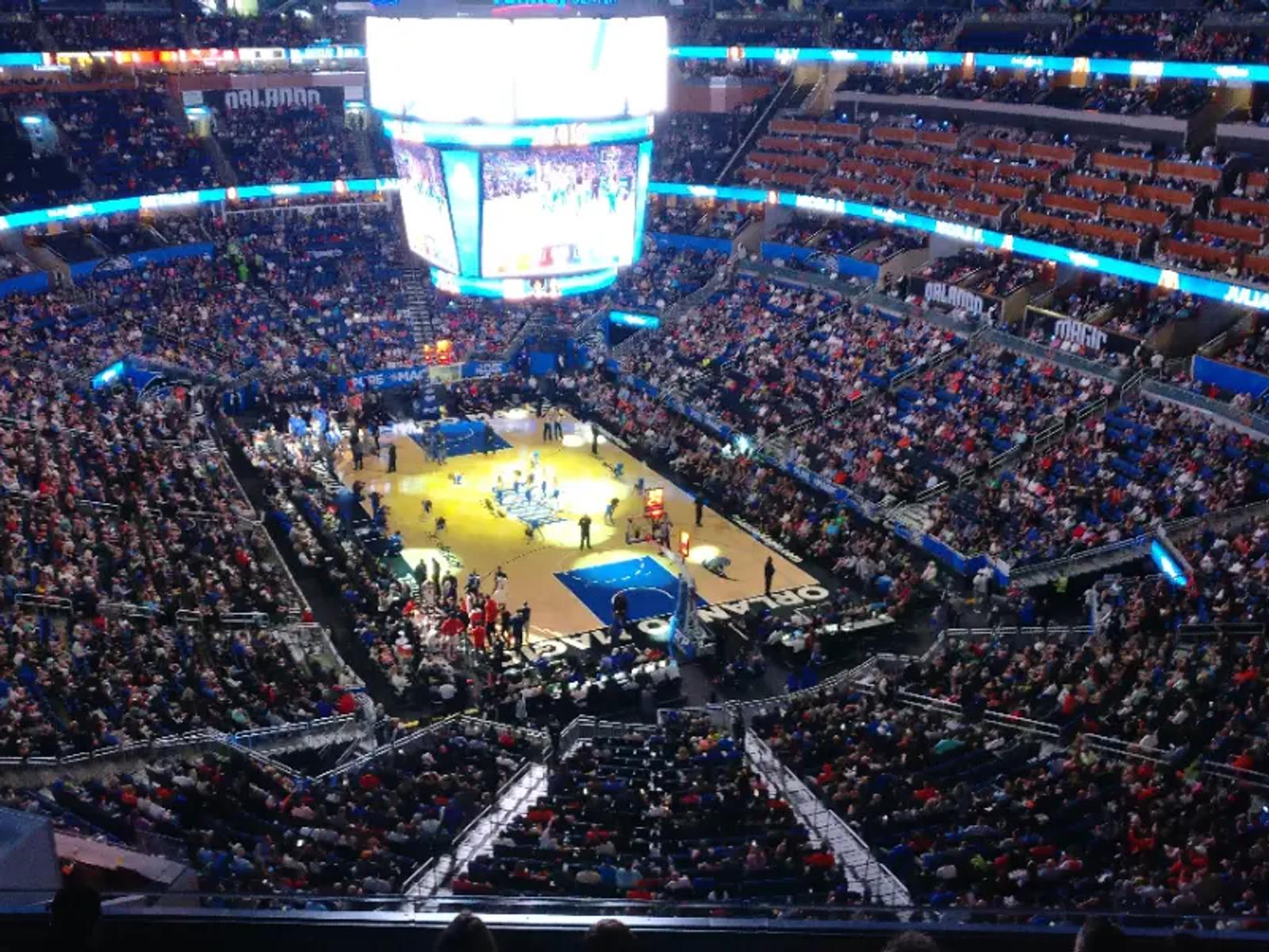 High-up view of the Orlando Magic court at the Amway Center before the game starts.