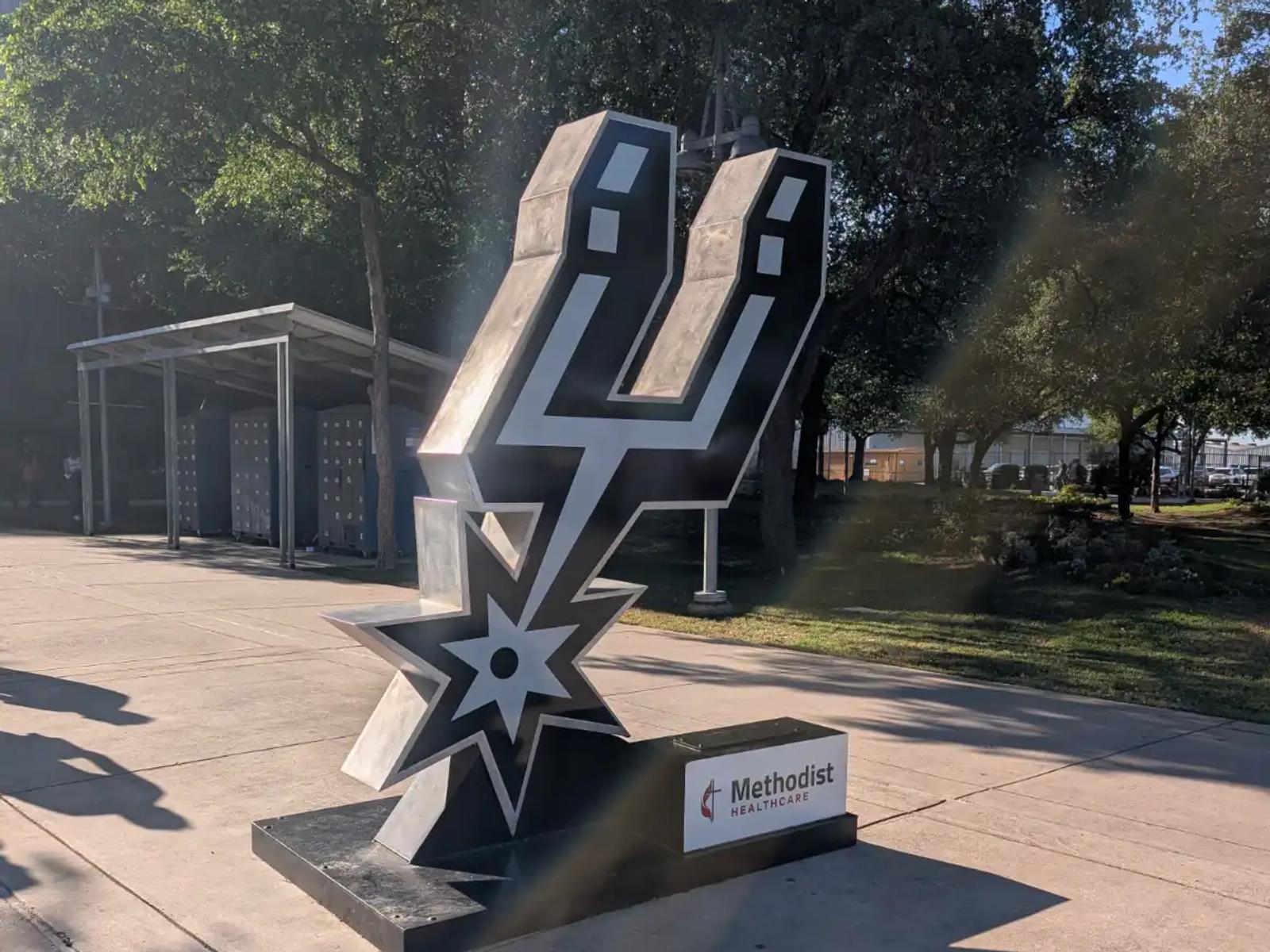 Large Spurs logo sculpture outside the Frost Bank Center in San Antonio.