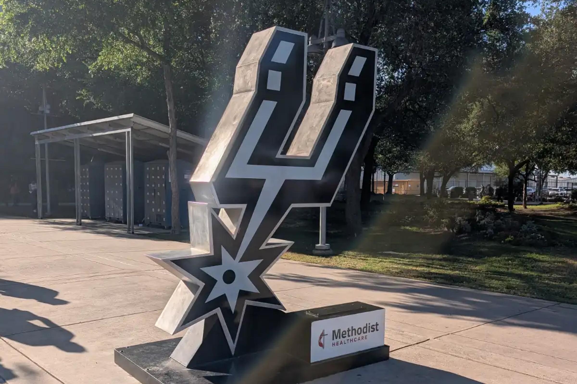 Large Spurs logo sculpture outside the Frost Bank Center in San Antonio.