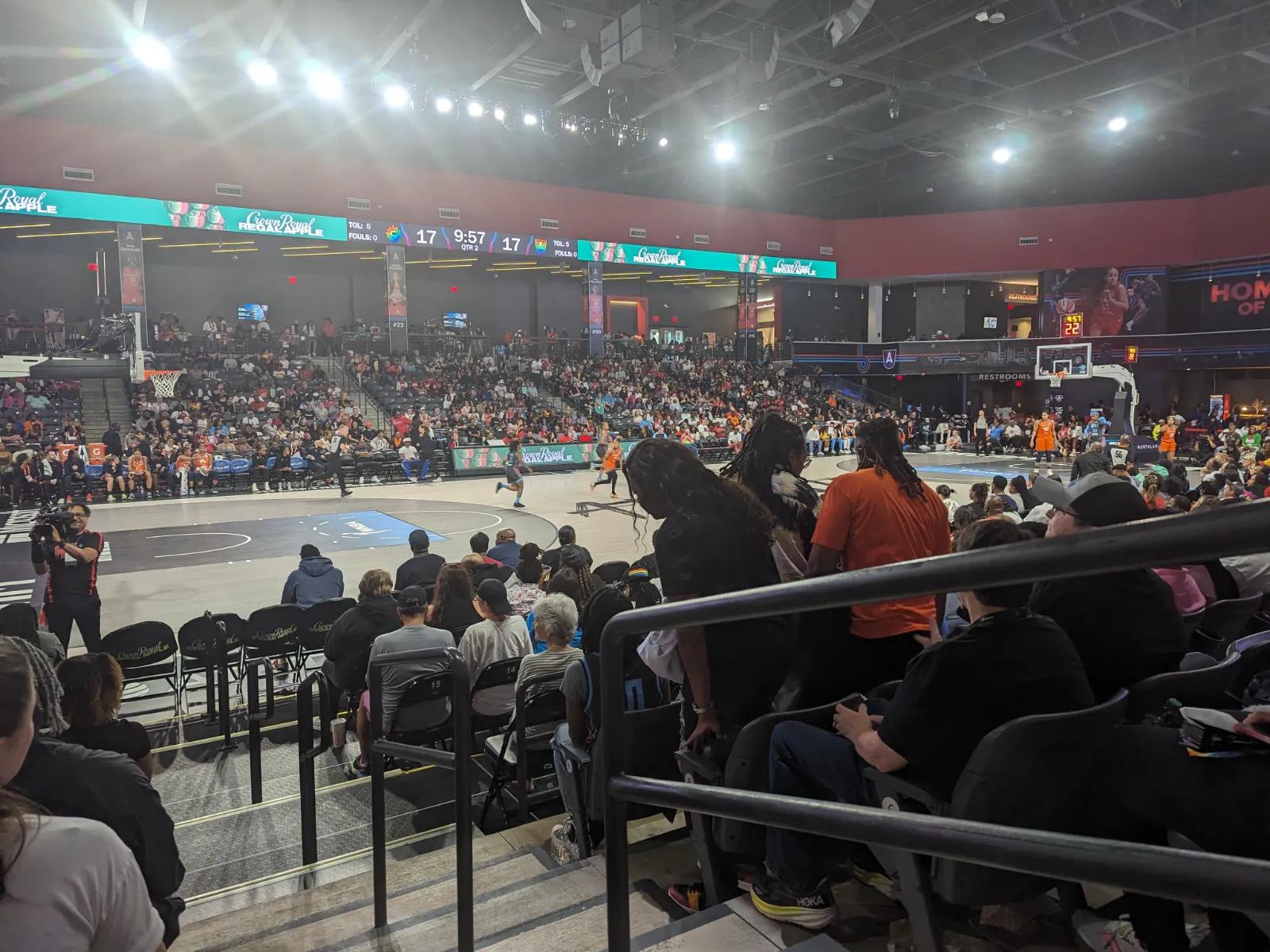 View from our seats at Gateway Center Arena in College Park for a WNBA game. The score is tied 17-17 in the second quarter.