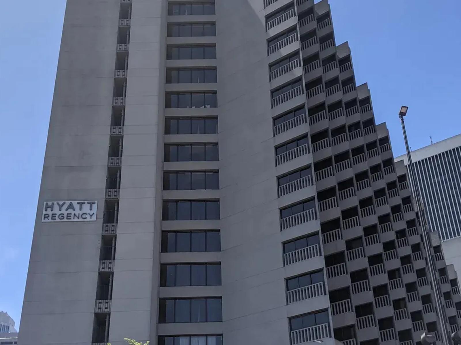 The distinctive tiered architecture of the Hyatt Regency San Francisco near the Embarcadero.