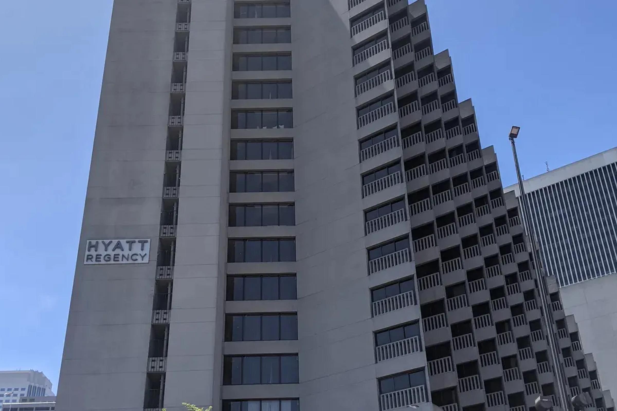 The distinctive tiered architecture of the Hyatt Regency San Francisco near the Embarcadero.