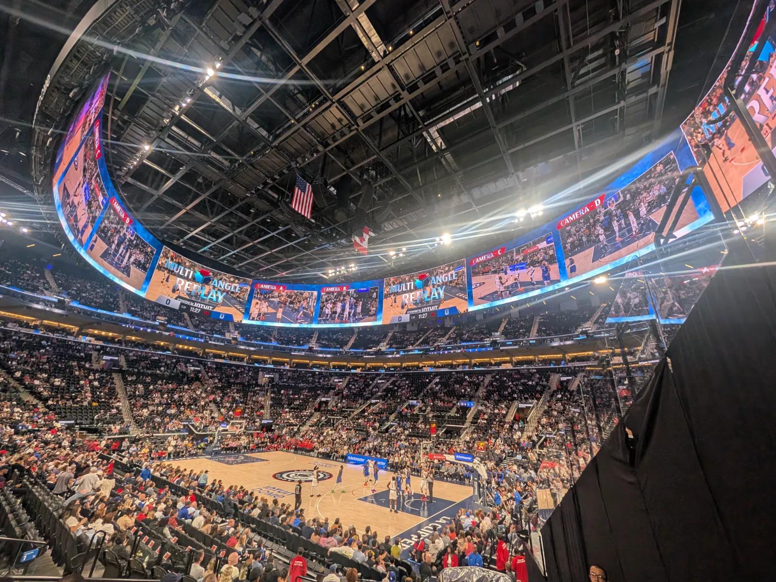 The massive halo board screen circling the Intuit Dome during a Clippers game in Inglewood.