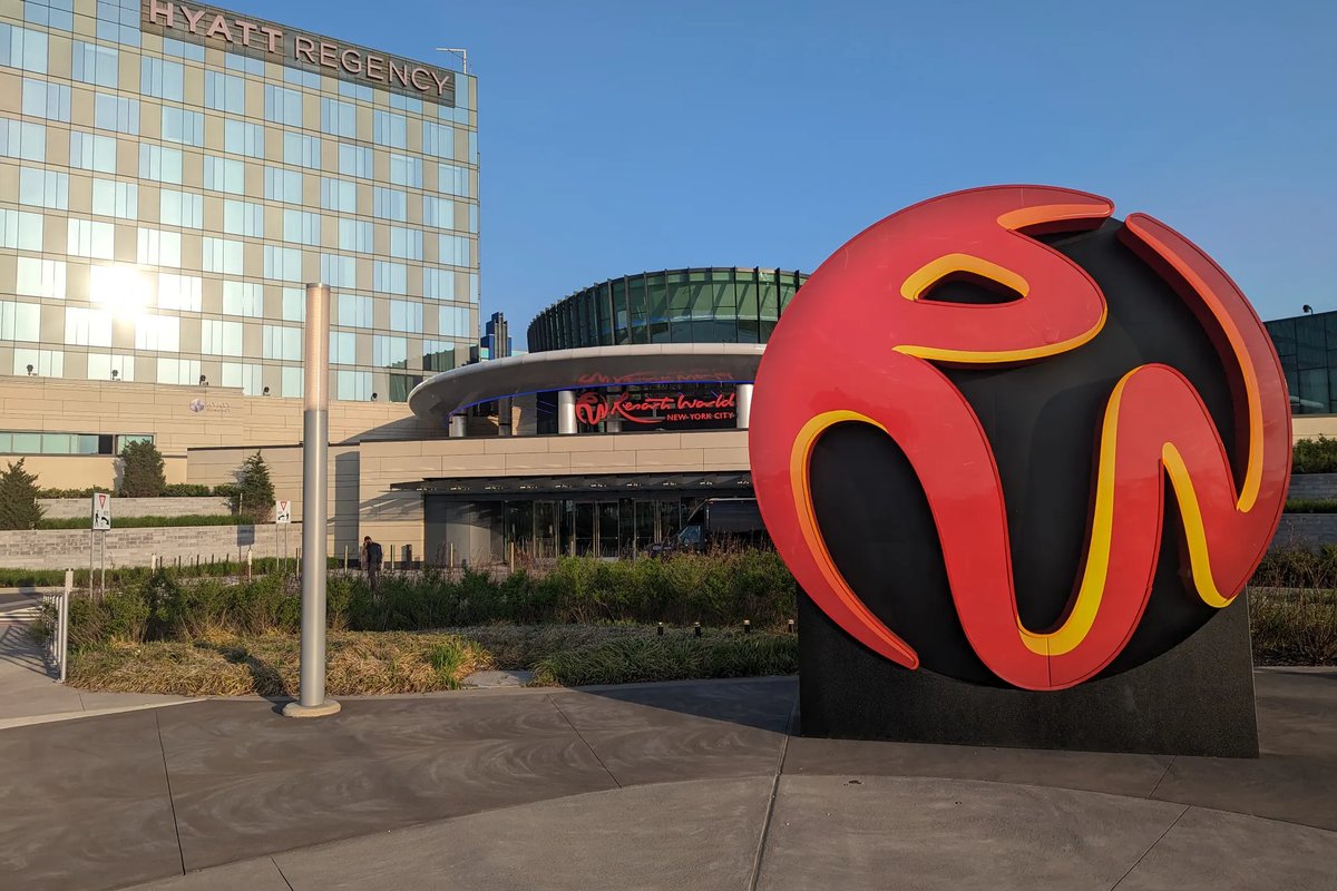The Resorts World NYC sign outside the Hyatt Regency JFK Airport.