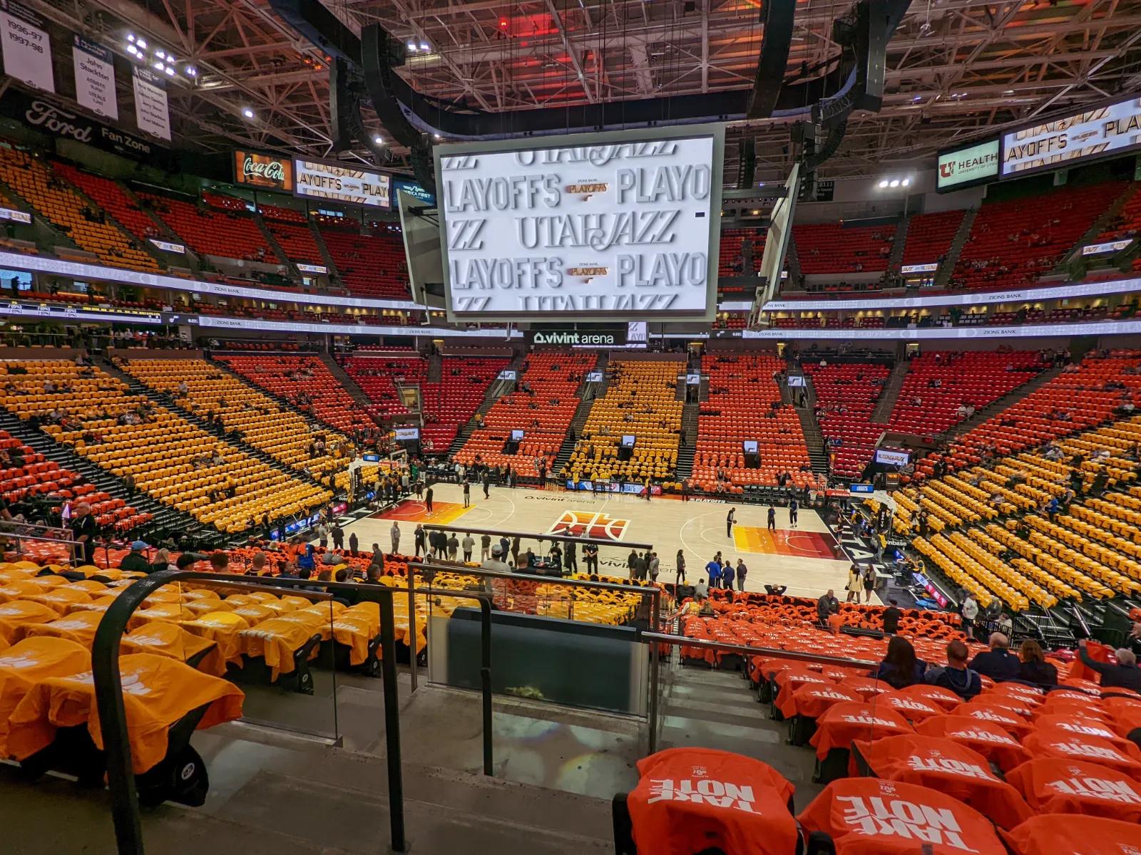 View from the stands at Delta Center in Salt Lake City before a Utah Jazz playoff game.