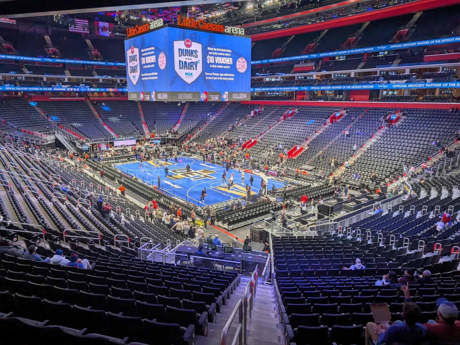 Empty seats at Little Caesars Arena in Detroit before the Pistons game against Orlando.