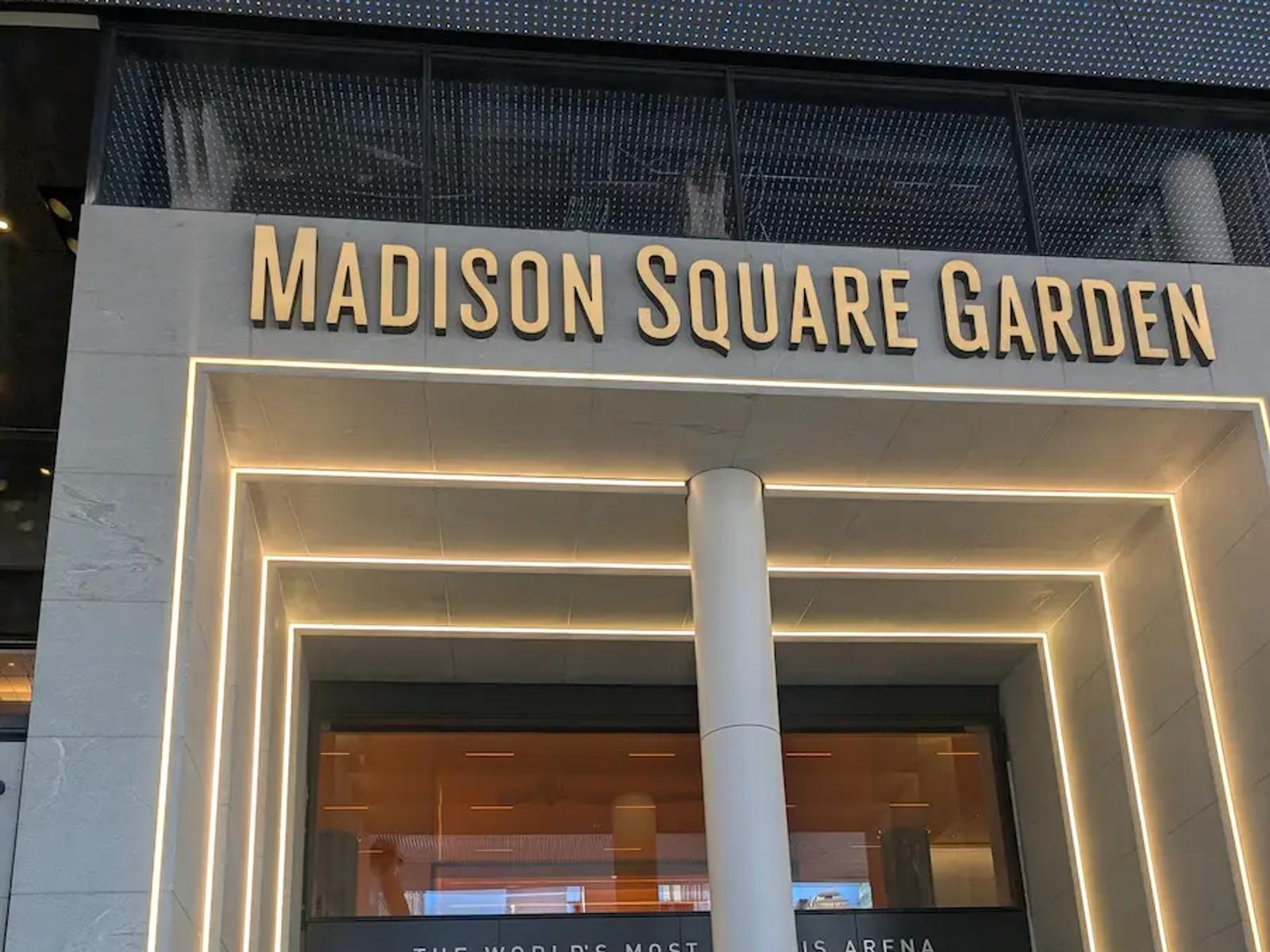 Standing in front of the Madison Square Garden entrance in New York City before our game.
