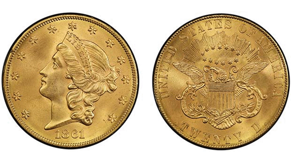 1861 Coronet, Paquet Reverse gold $20 double eagle