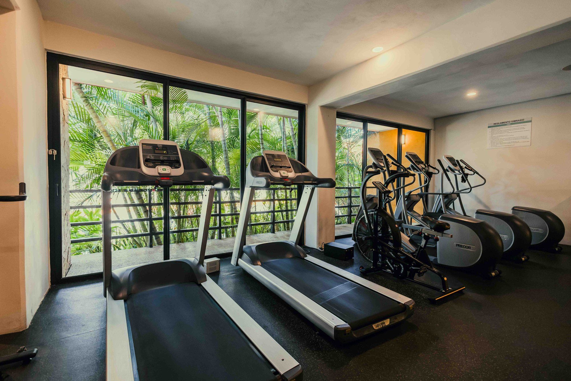 Gym with treadmills and elliptical machines beside large windows at Lunada