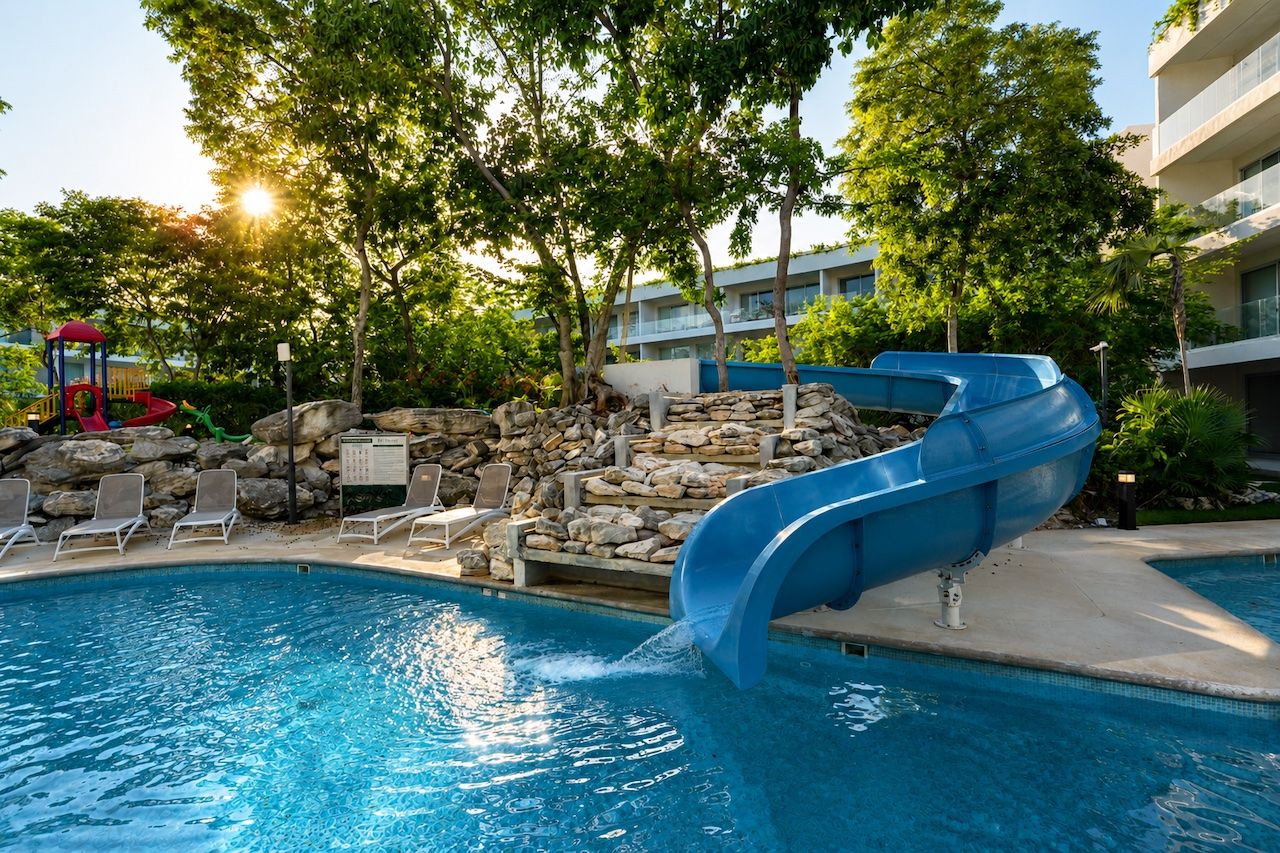 Family pool with a blue waterslide, rock waterfall feature and playground at The Leaf