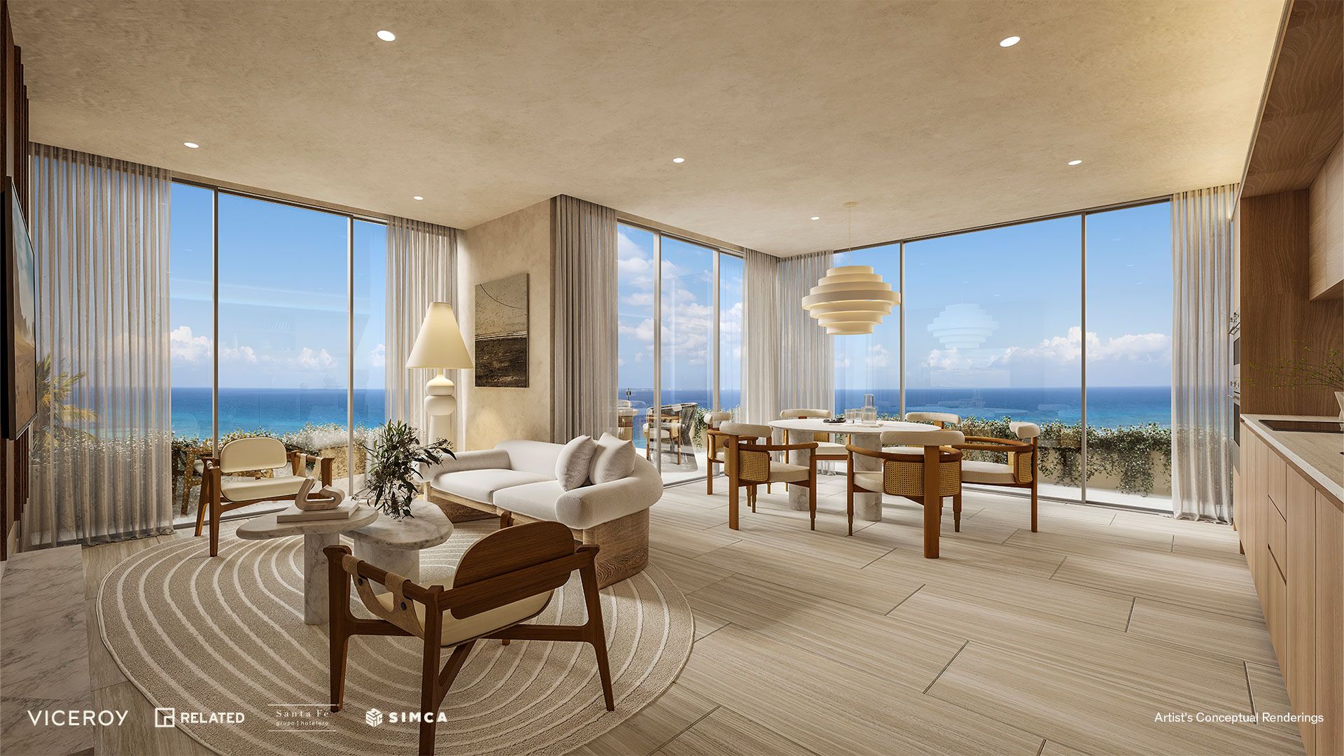 Rendering of a wraparound corner living and dining space with floor-to-ceiling Caribbean views at Viceroy Residences