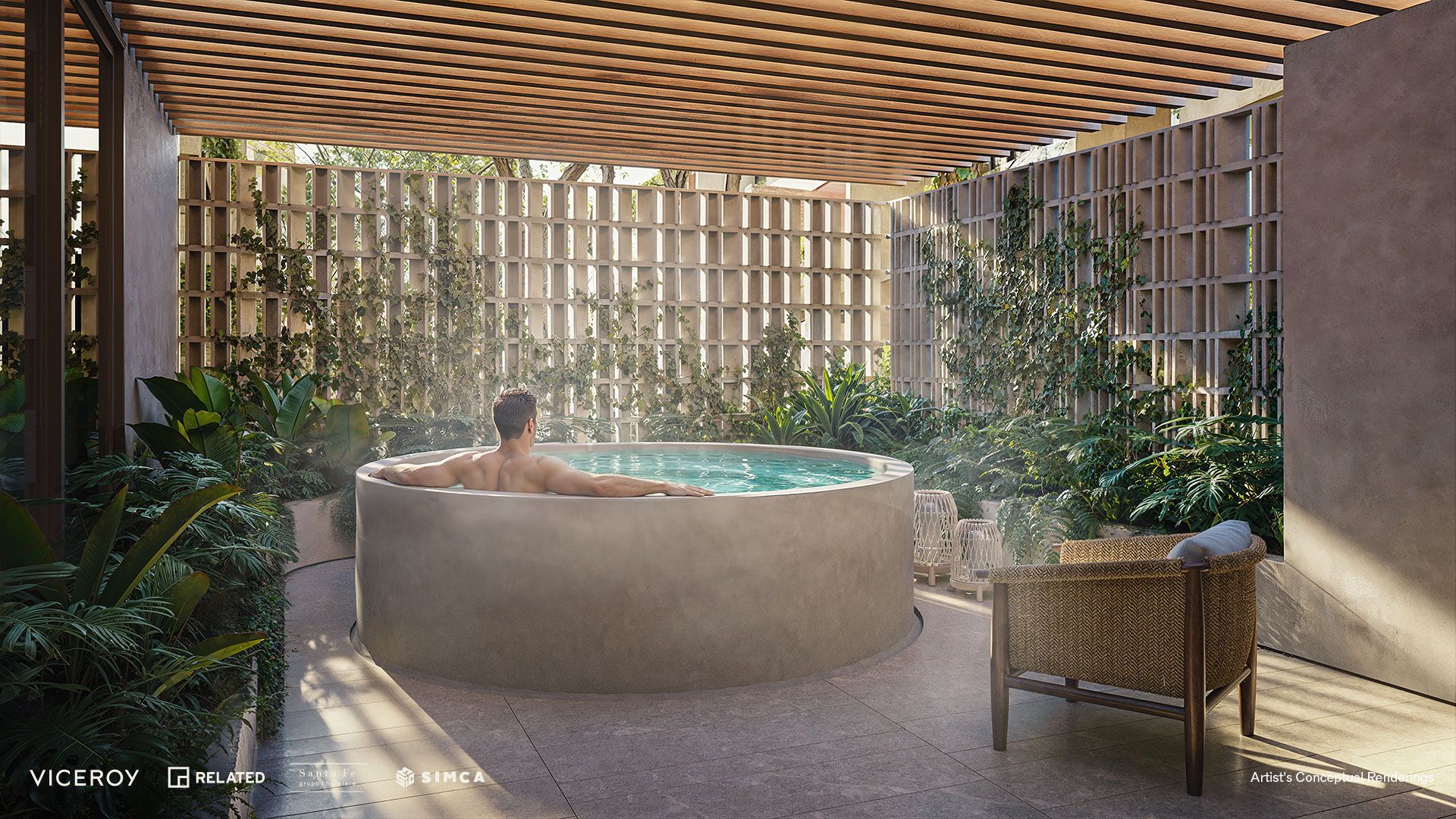 Rendering of a private outdoor hydrotherapy pool set in jungle at Viceroy Residences