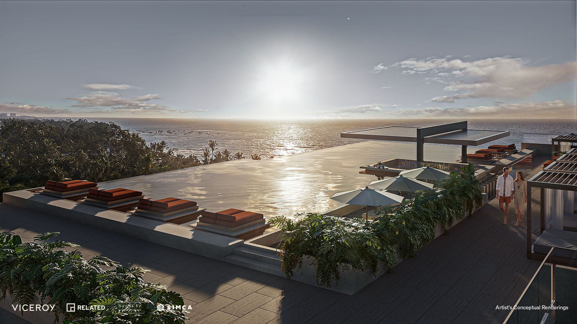 Rendering of the rooftop infinity pool overlooking the coastline at sunset at Viceroy Residences