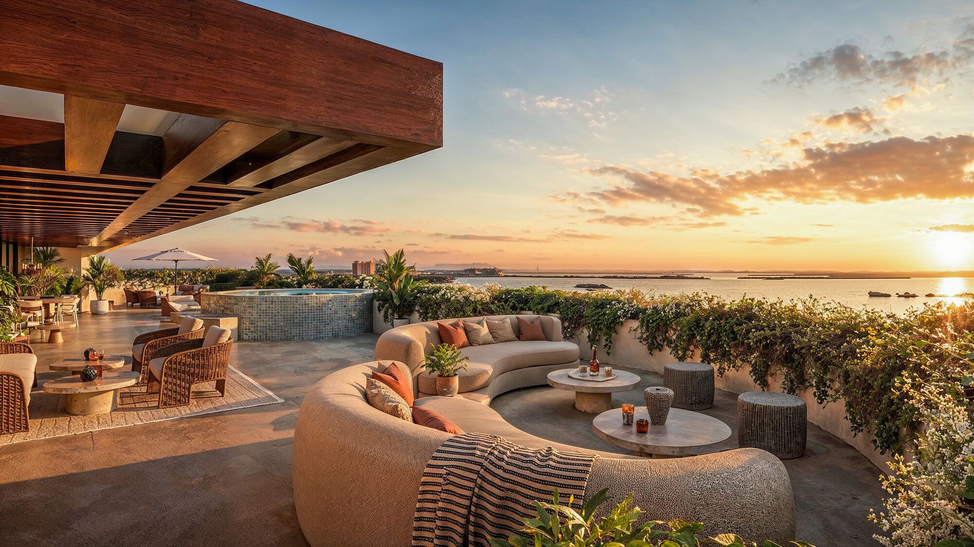 Architectural rendering of the Marina Club terrace lounge overlooking open water at sunset