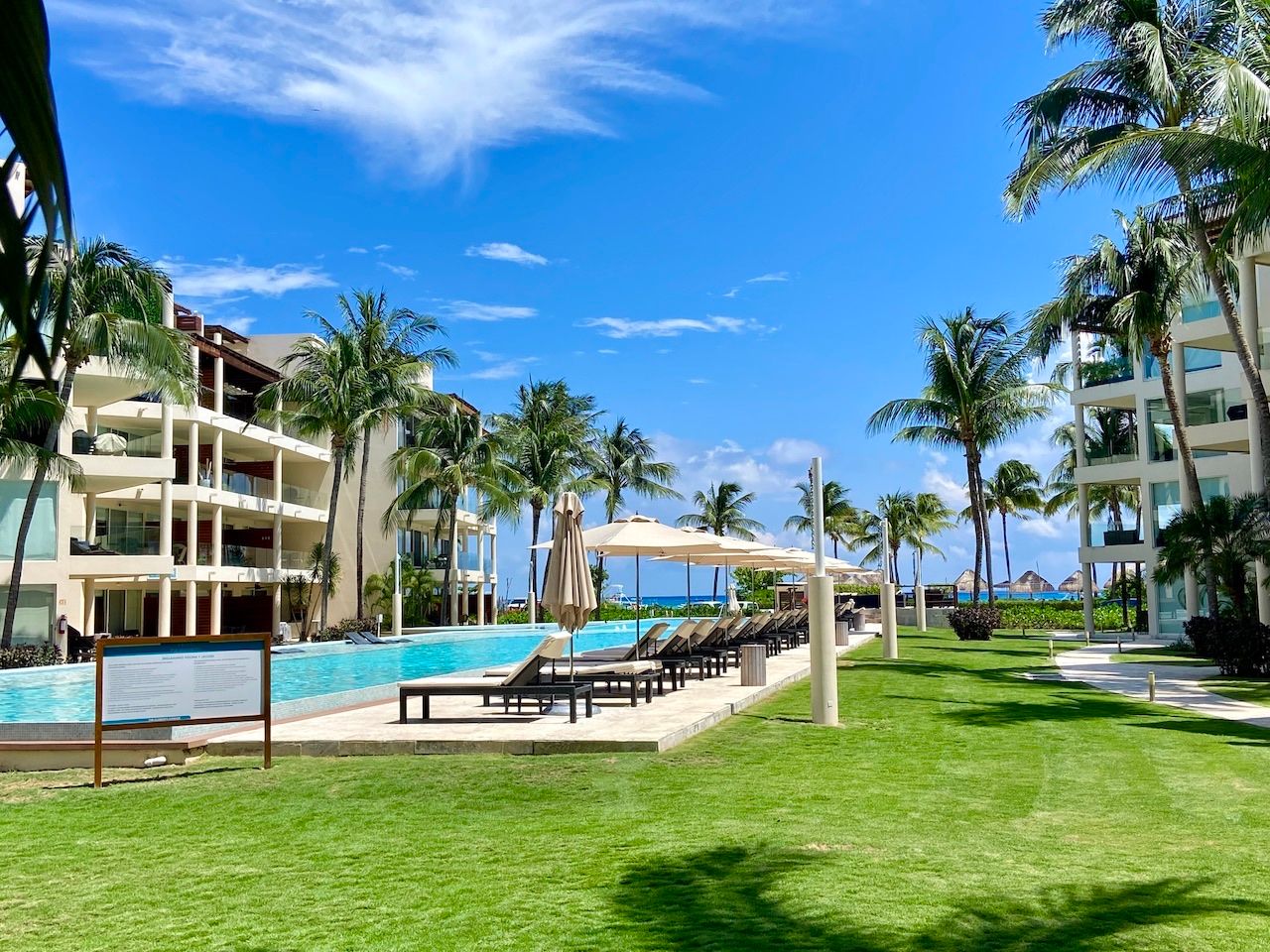 Long pool lined with sun loungers beside a green lawn, with palm trees and residential buildings at The Elements in Playa del Carmen.