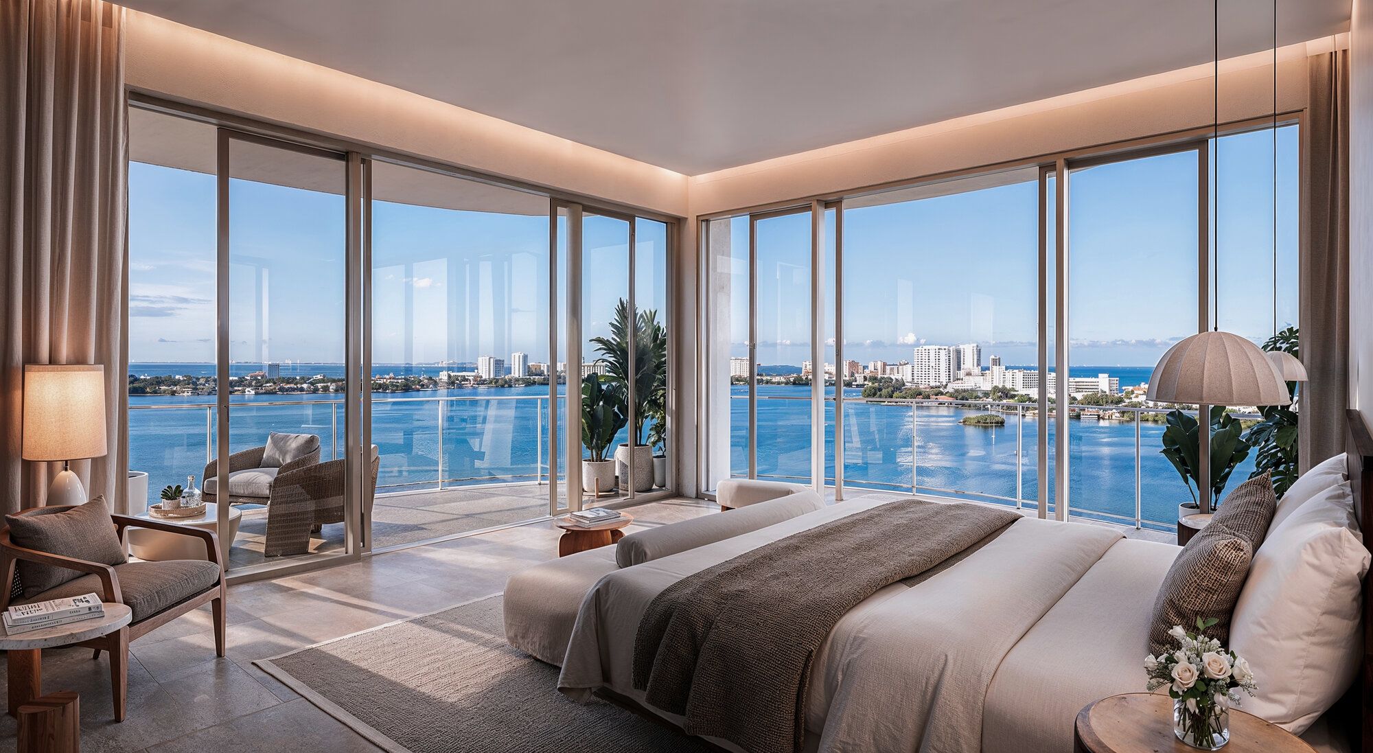 Architectural rendering of a One Laguna primary bedroom opening onto a waterfront balcony