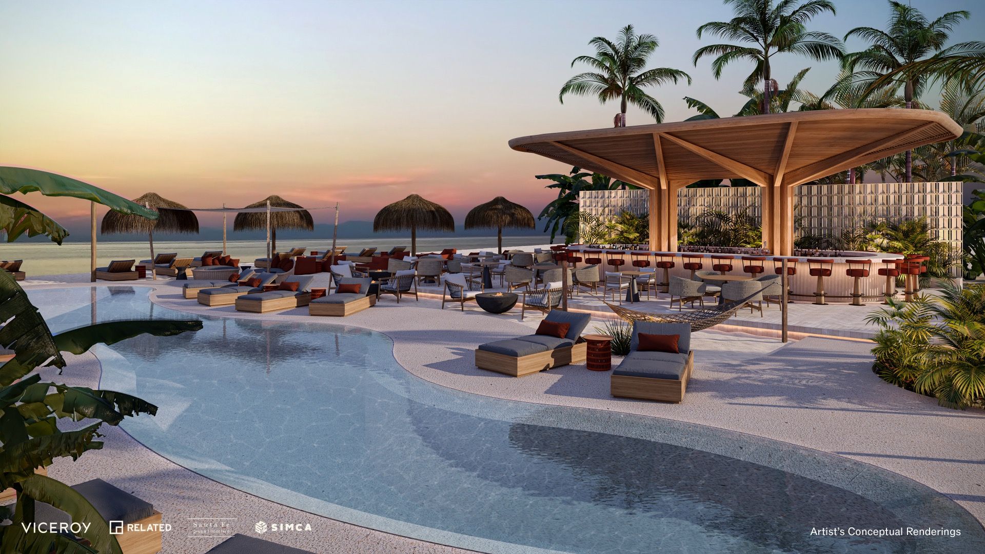 Rendering of the residents' beach club, curved infinity-edge pool and open Caribbean horizon at Viceroy Residences
