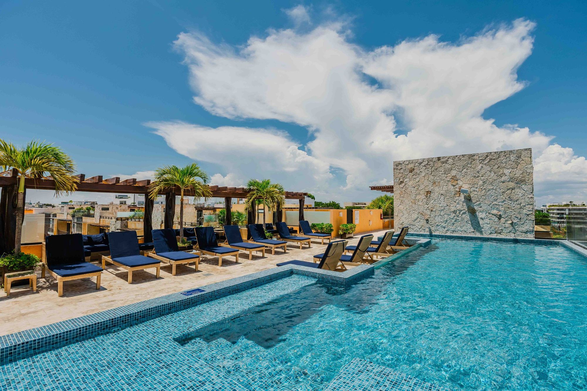 Rooftop swimming pool with lounge chairs and palms under a blue sky at Lunada