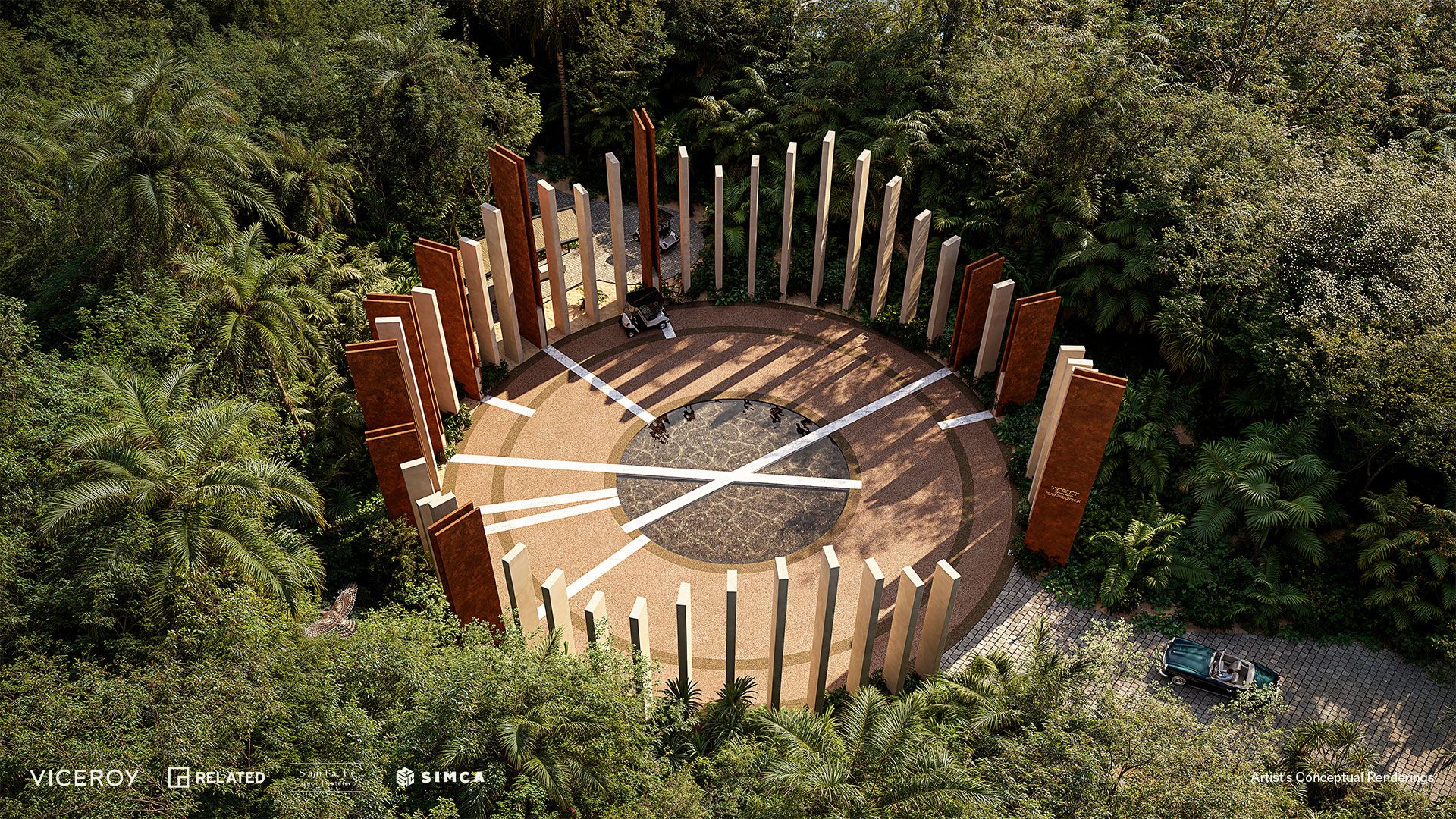 Aerial rendering of the circular entry plaza at Viceroy Residences