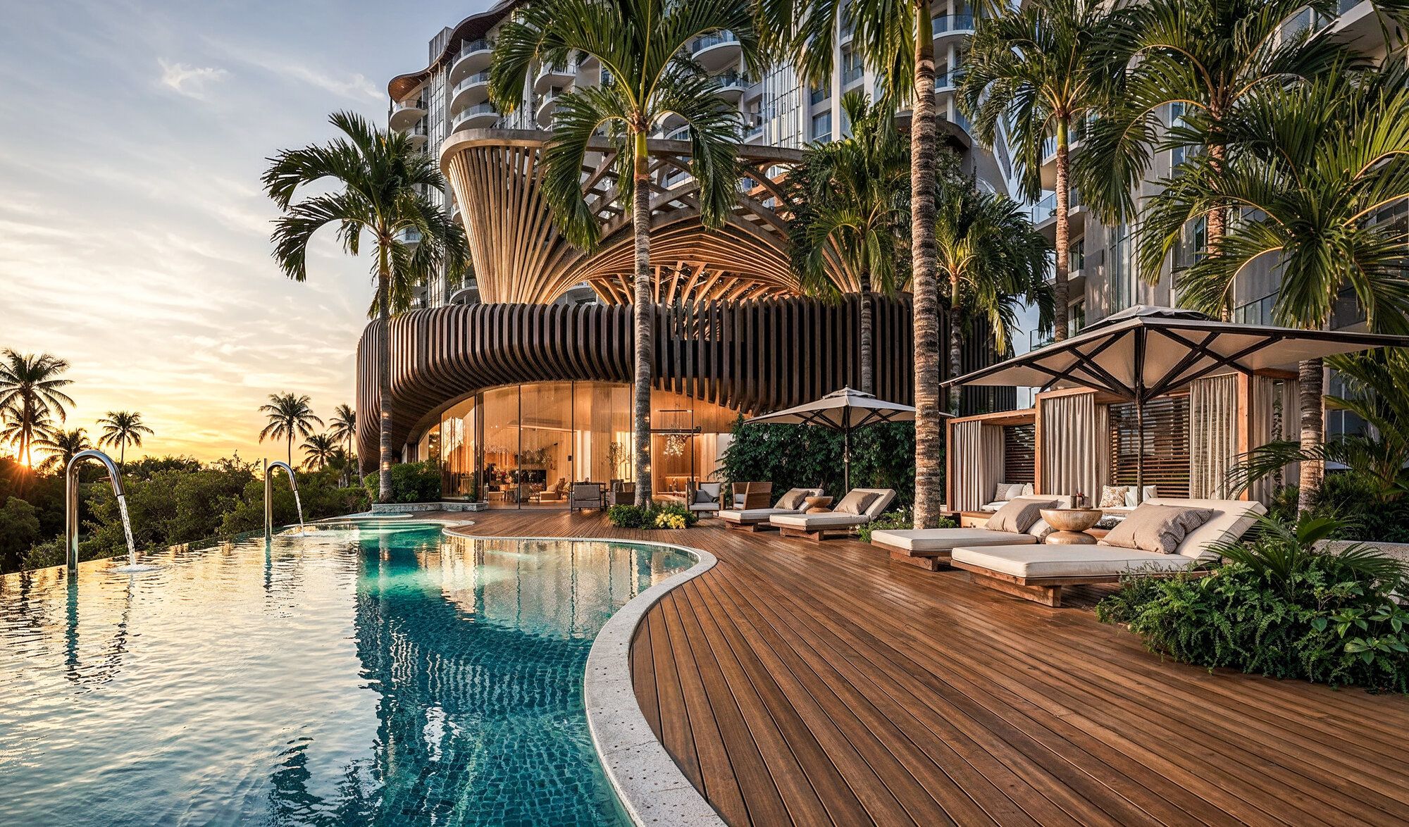 Architectural rendering of the Marina Club's sculptural wood-slatted pavilion at sunset