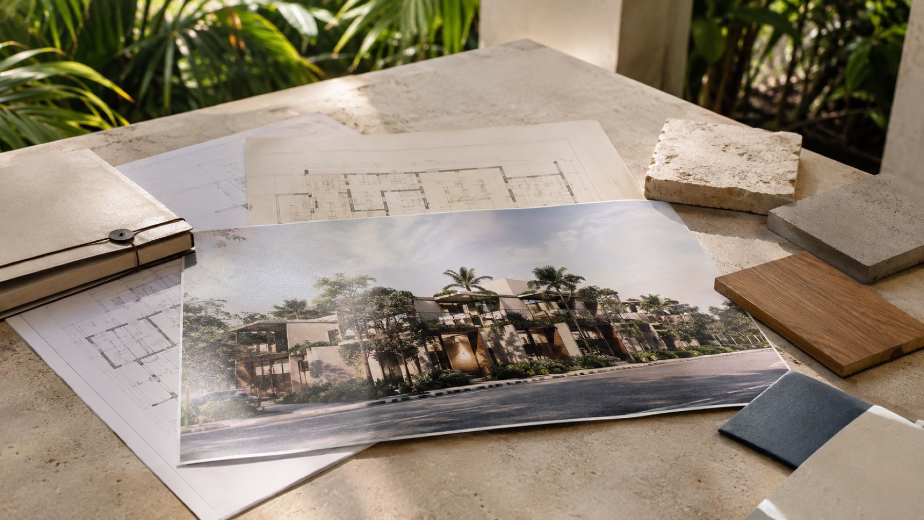 Architectural rendering, plans and material samples for evaluating a Riviera Maya development