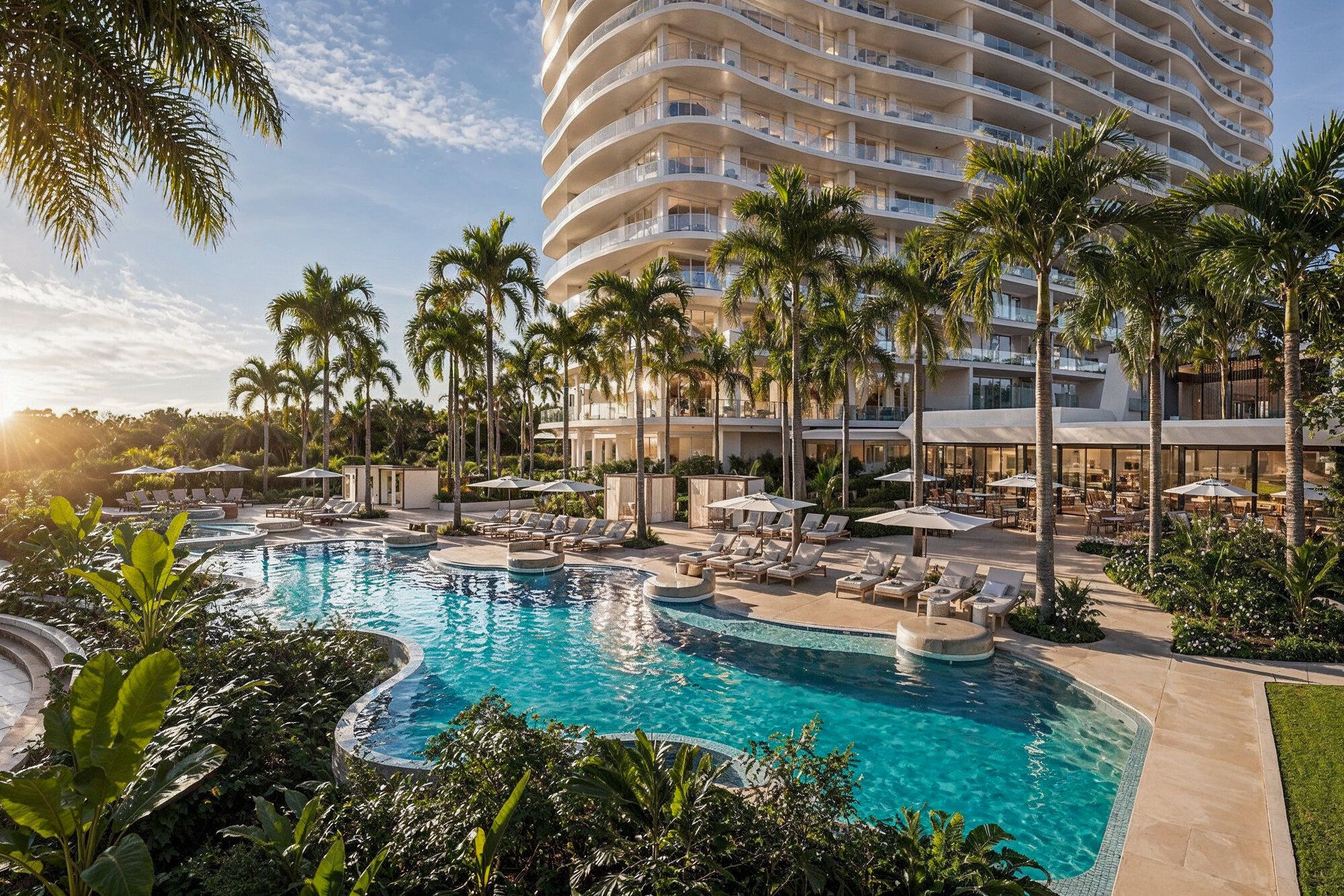 Architectural rendering of the full One Laguna tower, pool deck and grounds at sunrise