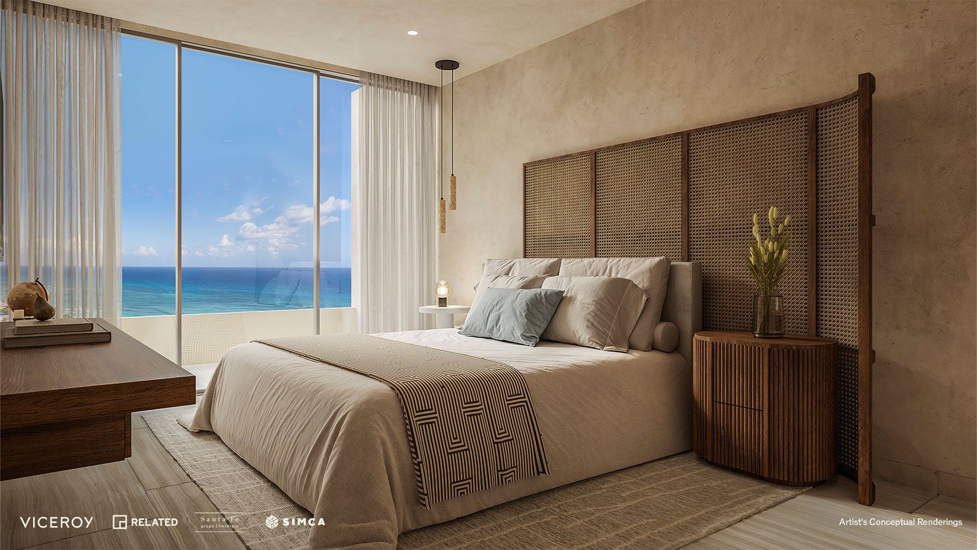 Rendering of a bedroom with a woven cane headboard and ocean view at Viceroy Residences