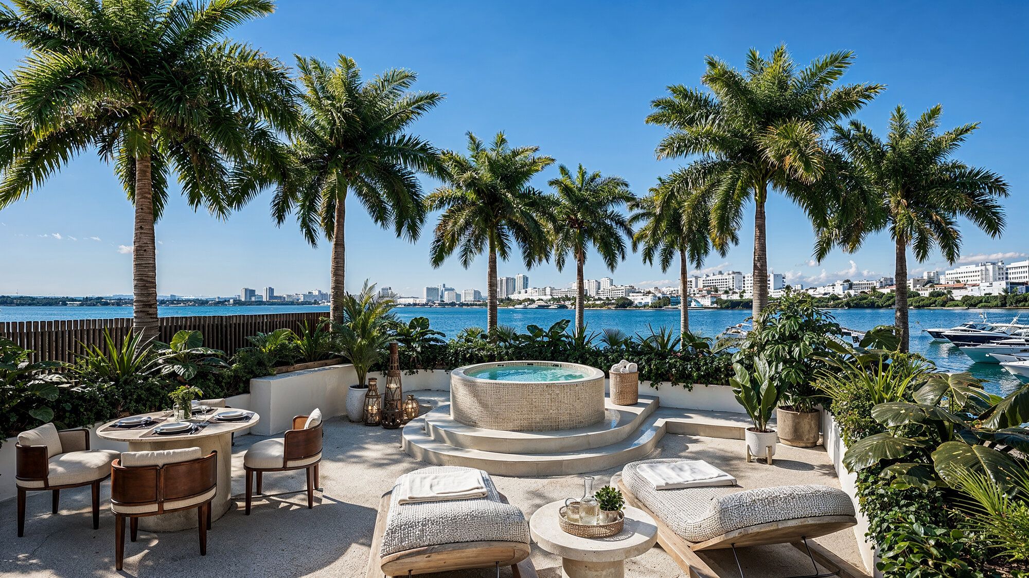 Architectural rendering of One Laguna's rooftop terrace and marina with docked boats and the Cancún skyline