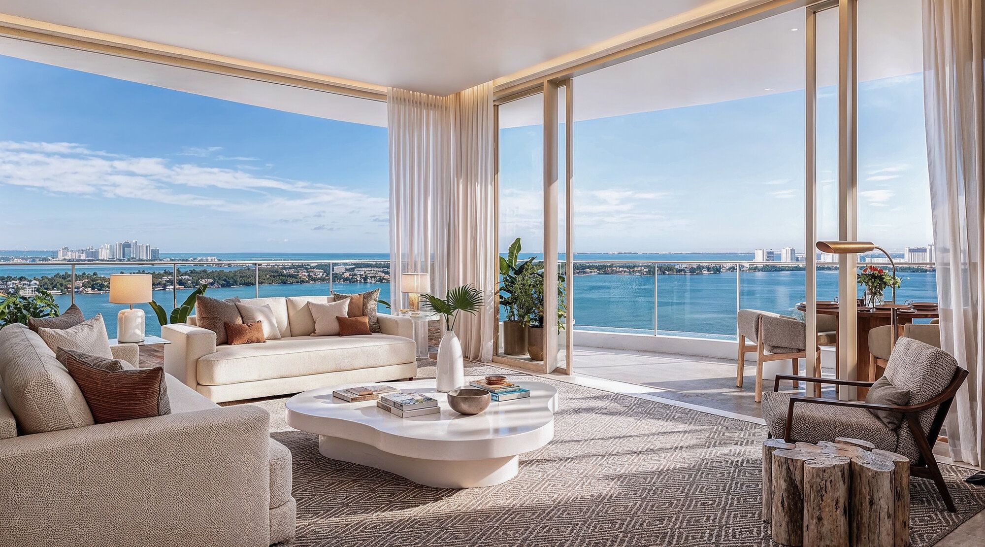 Architectural rendering of a One Laguna residence living room with panoramic bay and city views