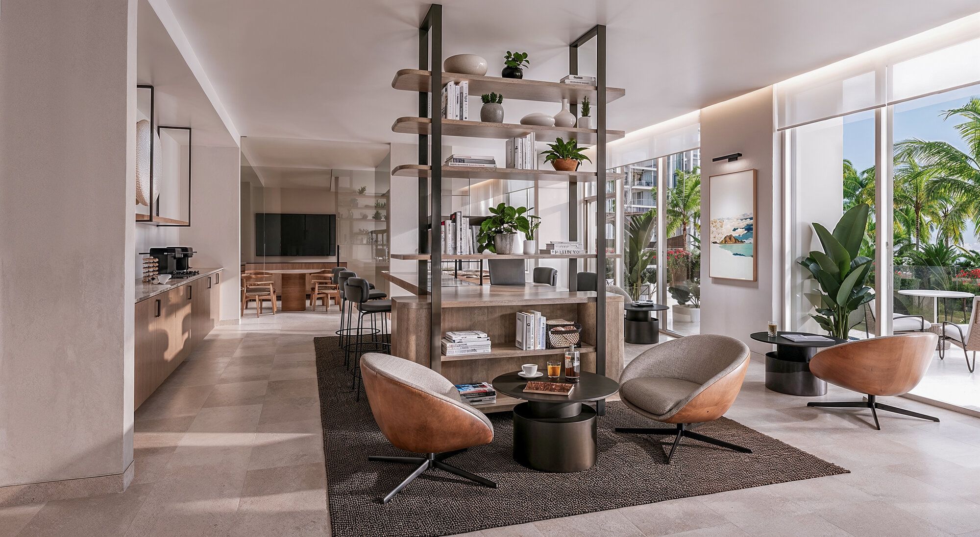 Architectural rendering of a residents' lounge and shared library space at One Laguna