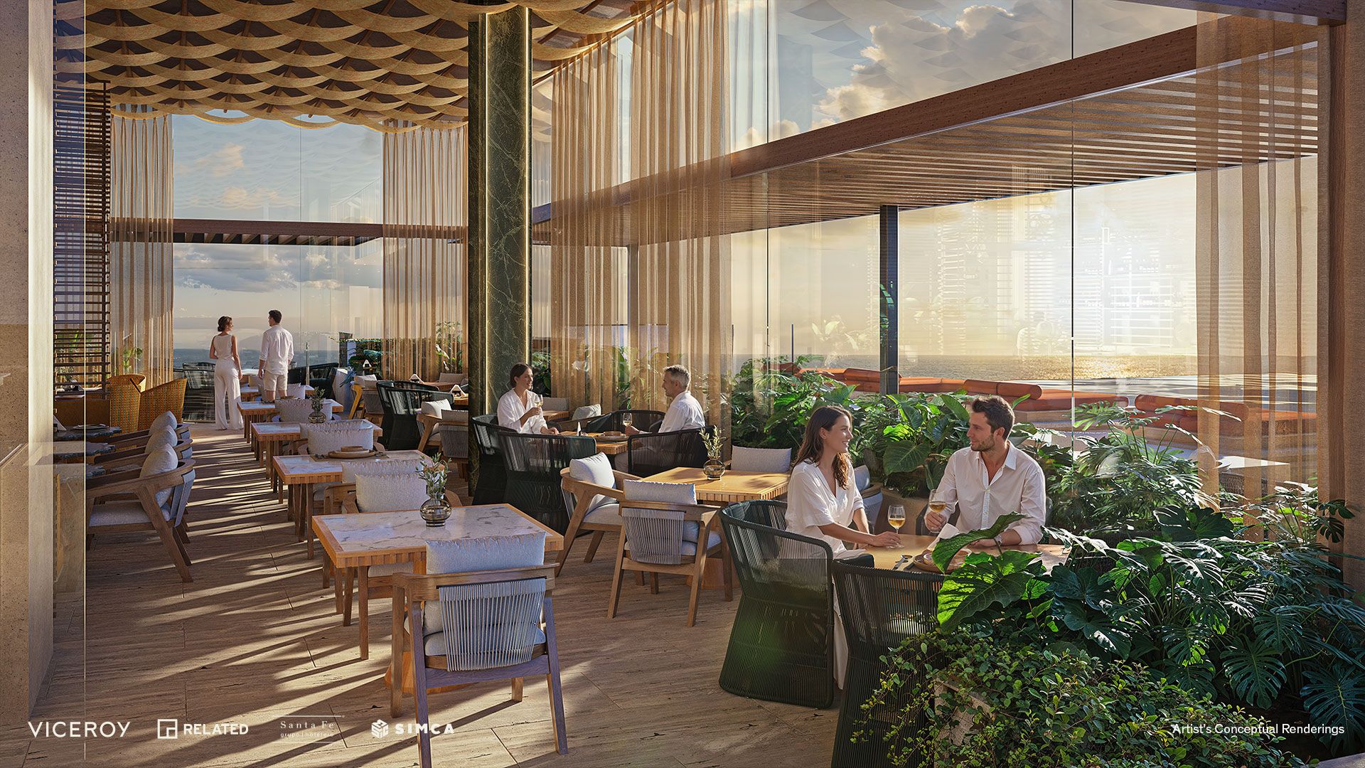Rendering of an ocean-view dining terrace at golden hour at Viceroy Residences