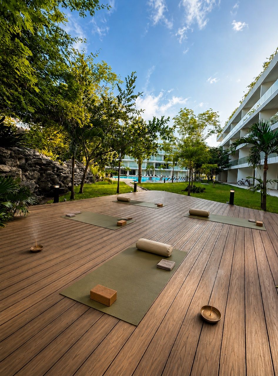 Outdoor yoga deck with mats and bolsters overlooking the pool and gardens at The Leaf