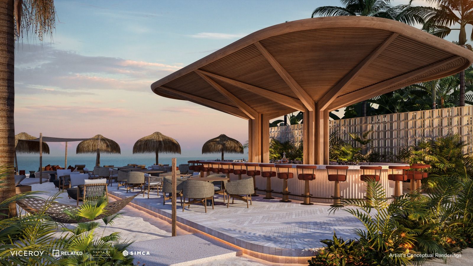 Architectural rendering of the sunset beach club at Viceroy Residences Playa del Carmen