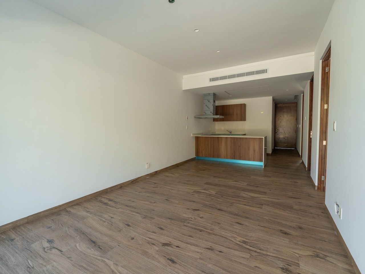 Open-plan living area leading to the kitchen and entry hallway at The Leaf