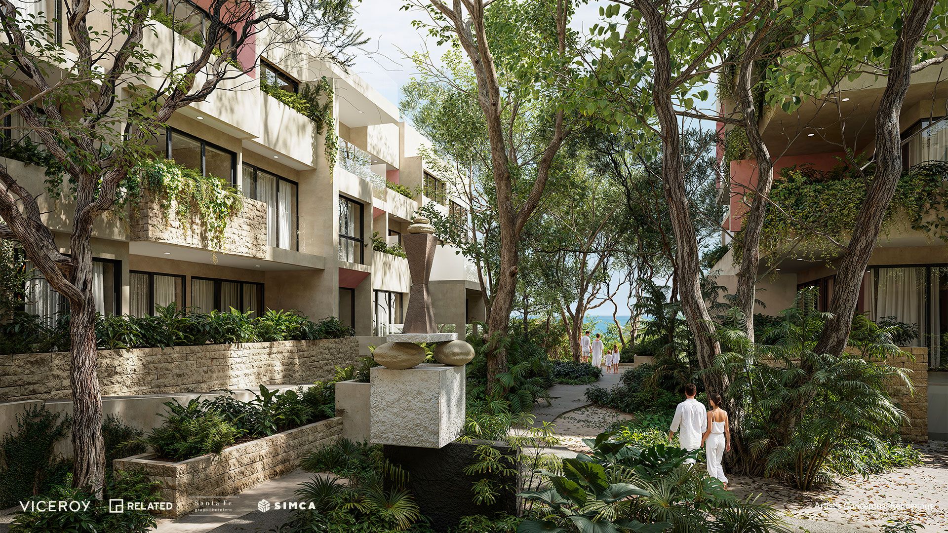 Rendering of a garden path opening to an ocean view at Viceroy Residences