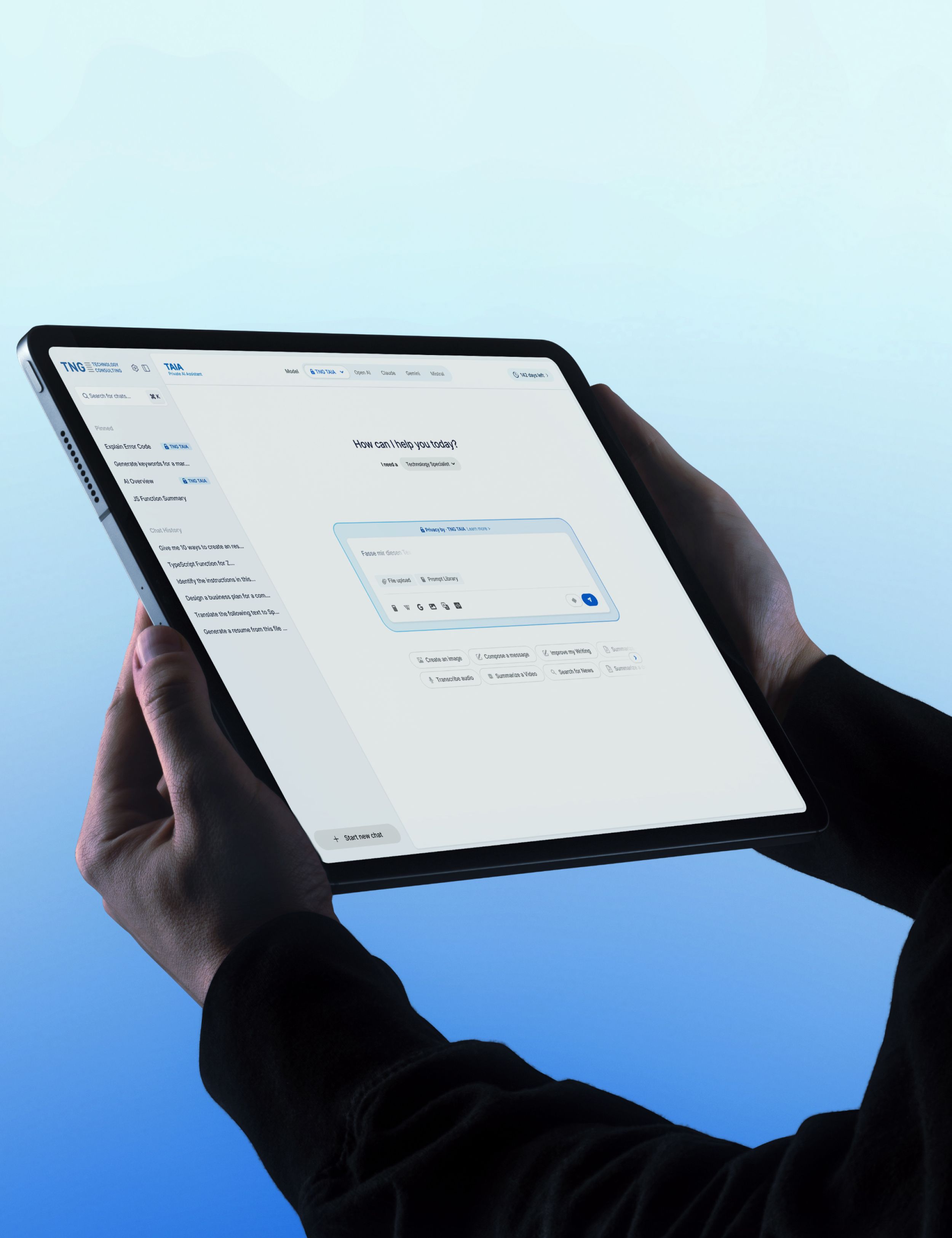 Person holding a tablet displaying an AI assistant interface with a prompt input field and navigation sidebar.