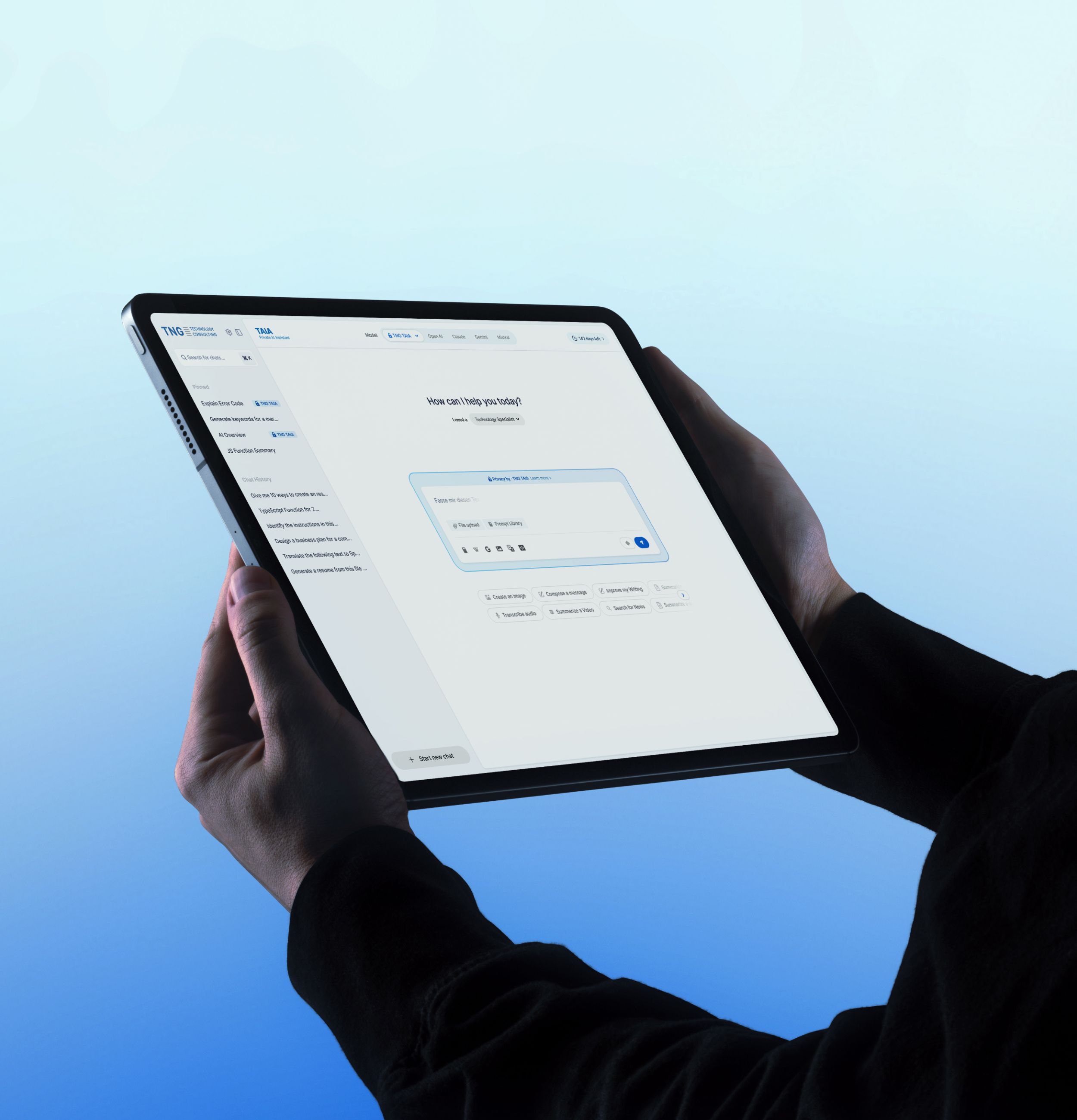 Person holding a tablet displaying an AI assistant interface with a prompt input field and navigation sidebar.