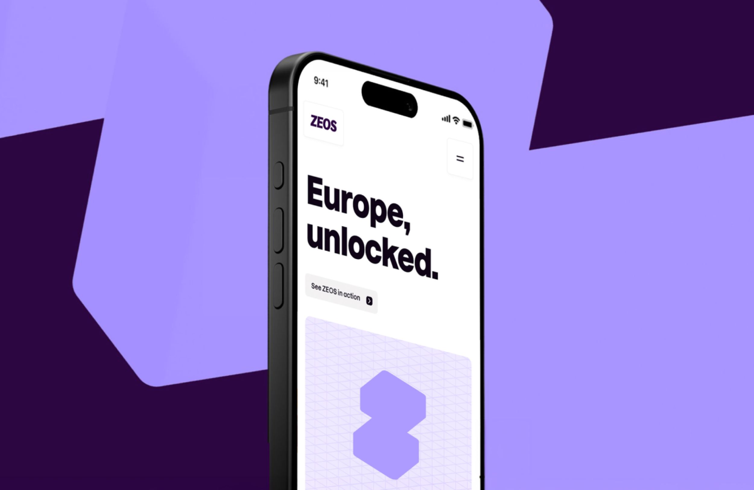 Smartphone displaying the ZEOS website with the headline “Europe, unlocked” on a purple abstract background.