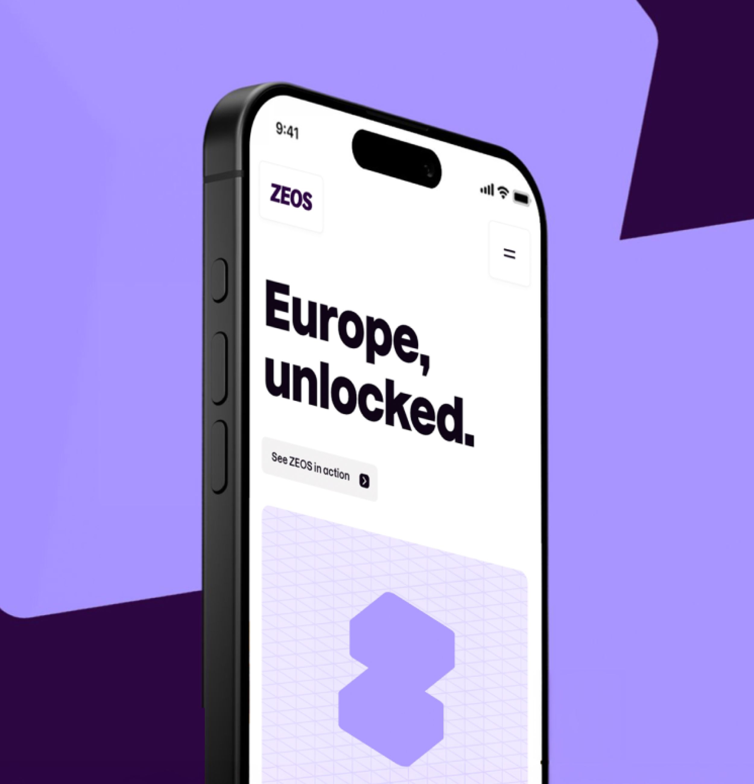 Smartphone displaying the ZEOS website with the headline “Europe, unlocked” on a purple abstract background.