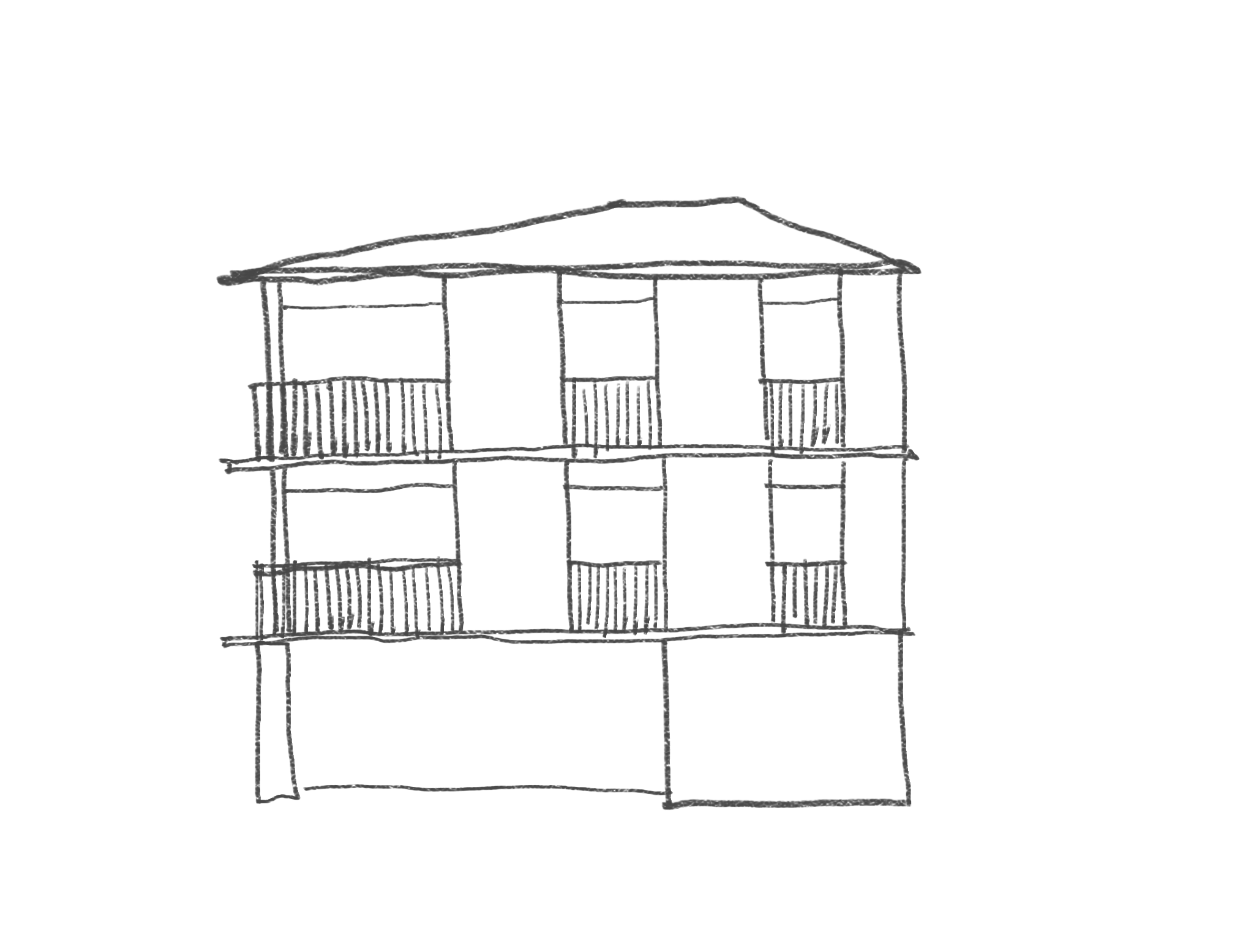 Croquis de la fachada de ELF1101: tres plantas con balcones de barandas verticales.