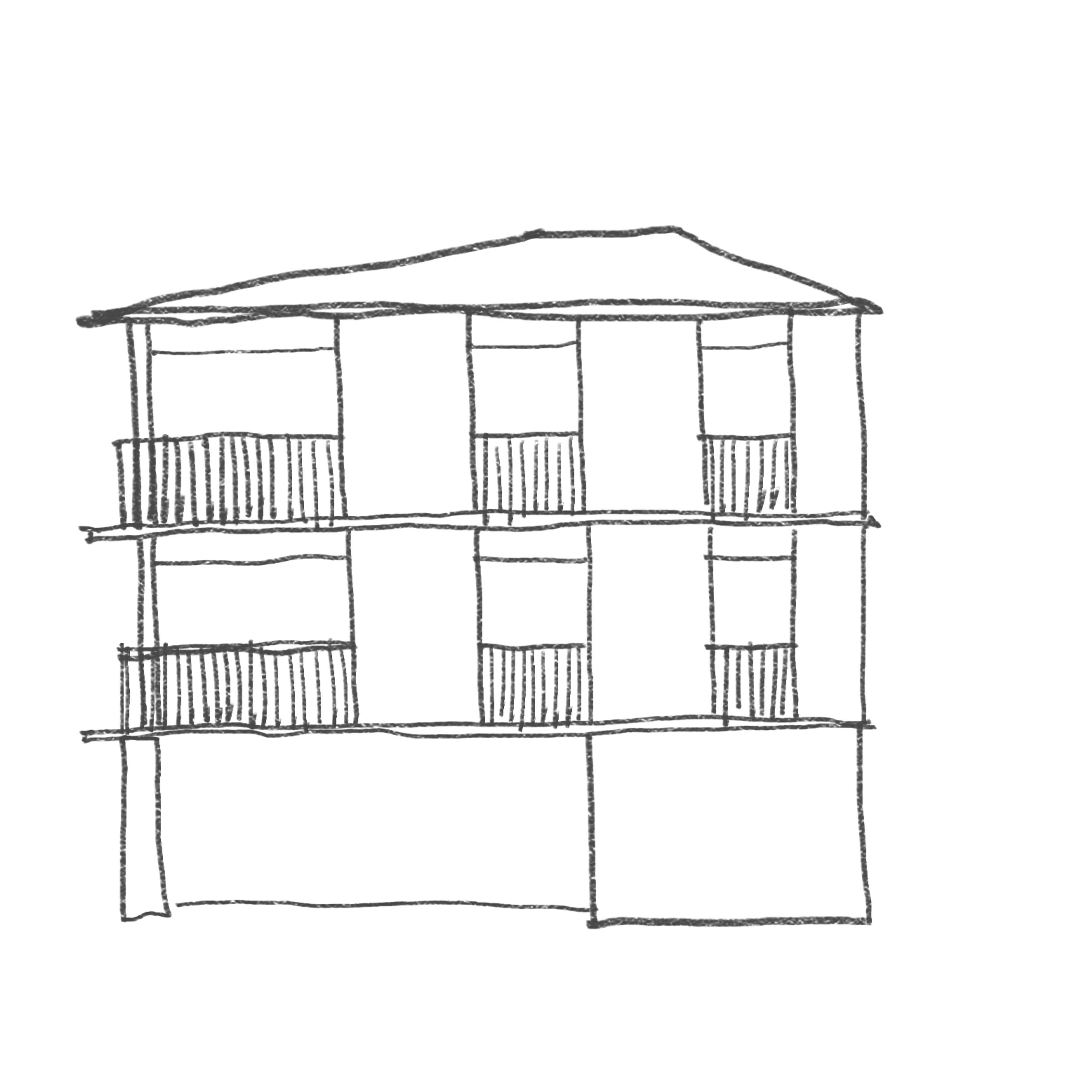 Croquis de la fachada de ELF1101: tres plantas con balcones de barandas verticales.