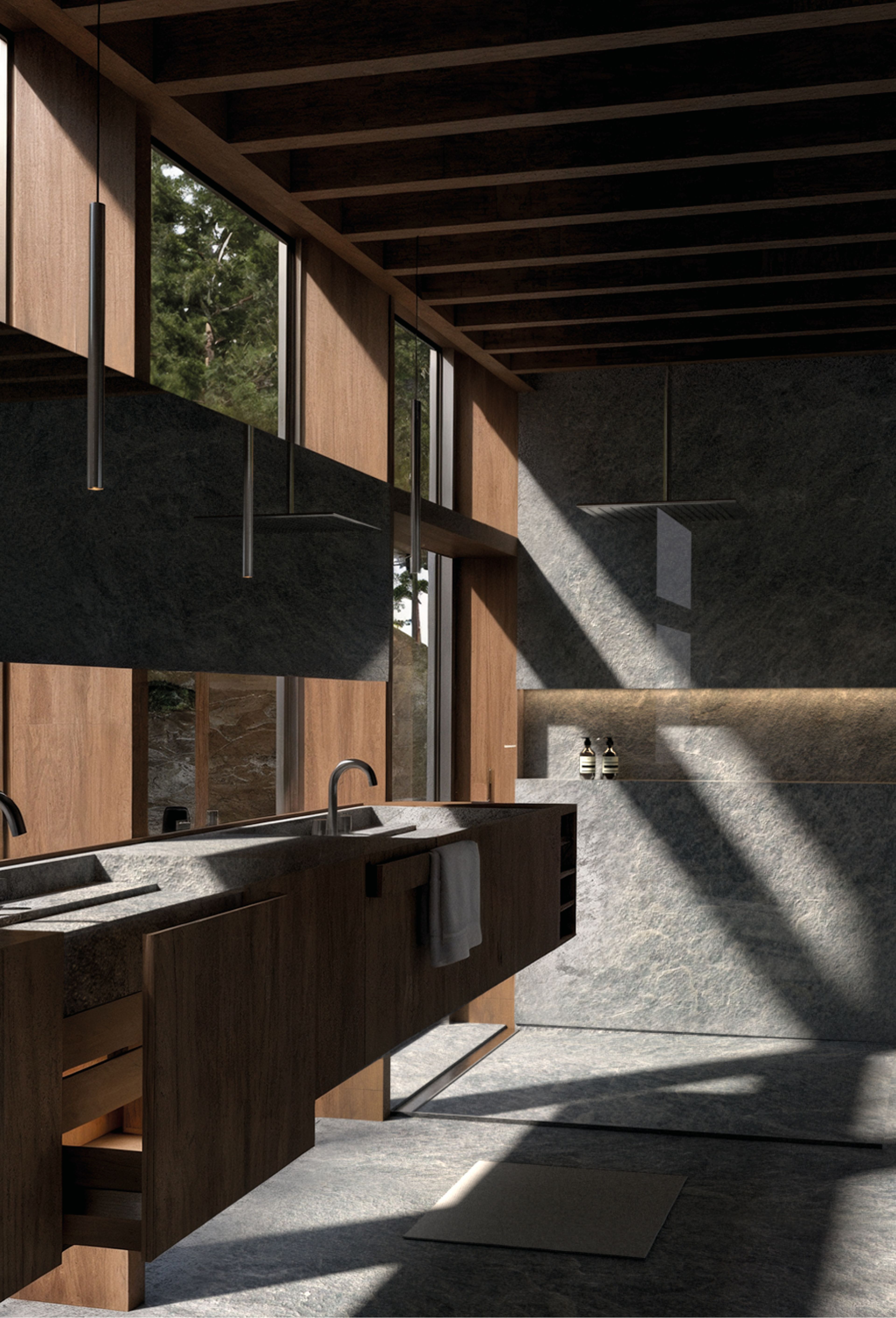 Interior de madera con estructura a la vista, comedor y cocina.